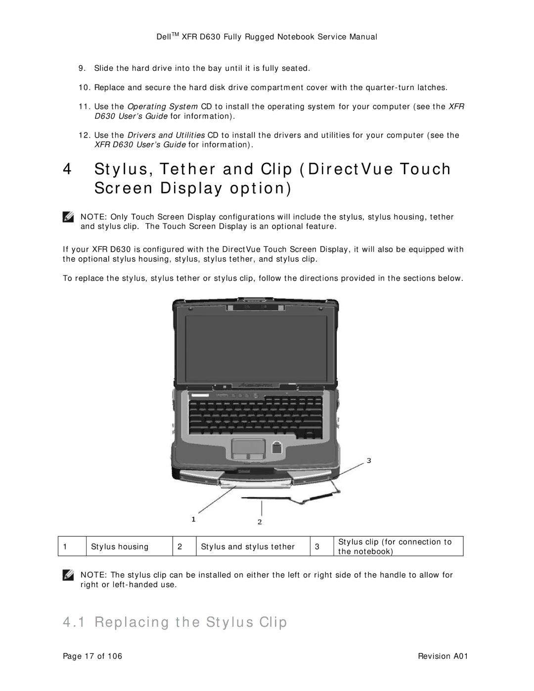 Dell XFR D630 service manual Replacing the Stylus Clip 