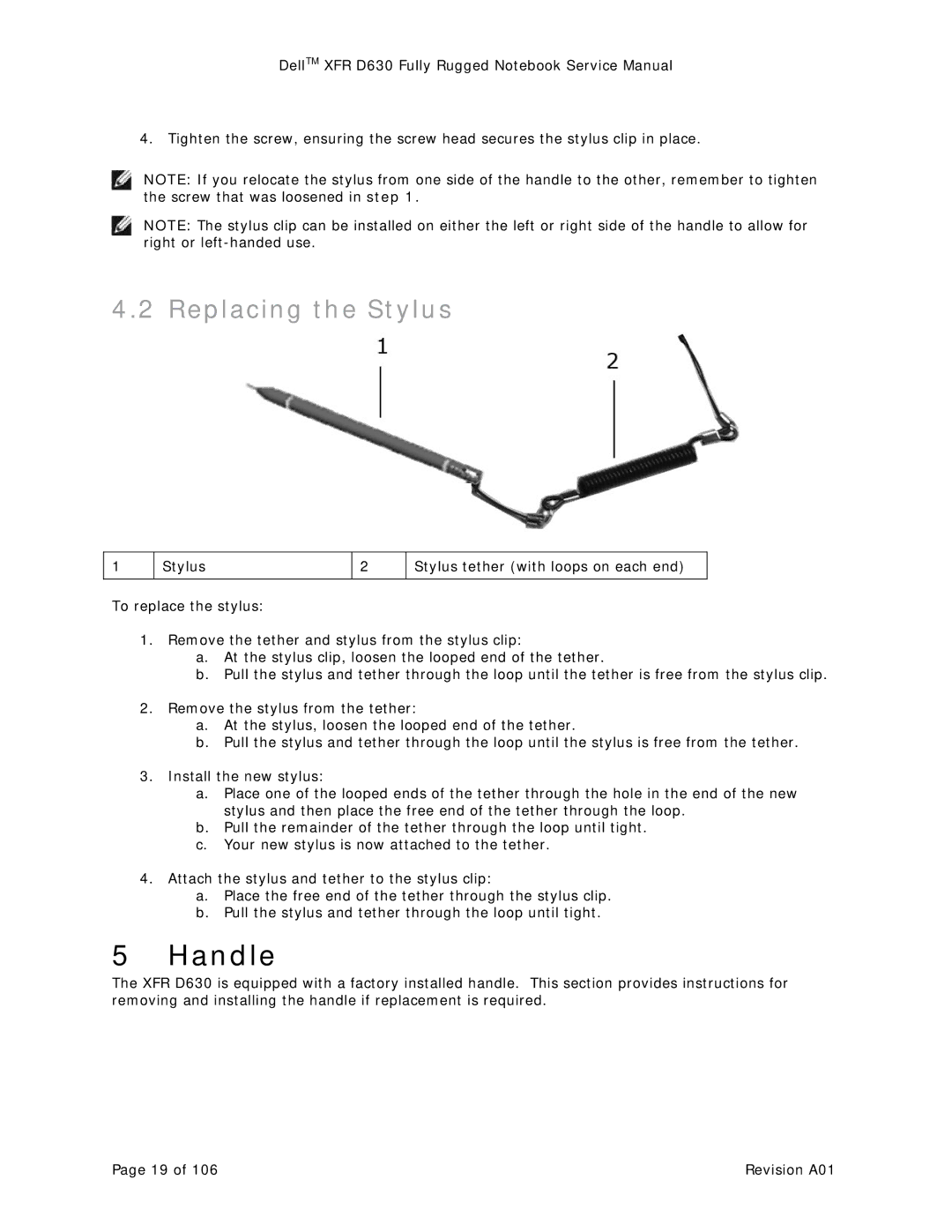 Dell XFR D630 service manual Handle, Replacing the Stylus 