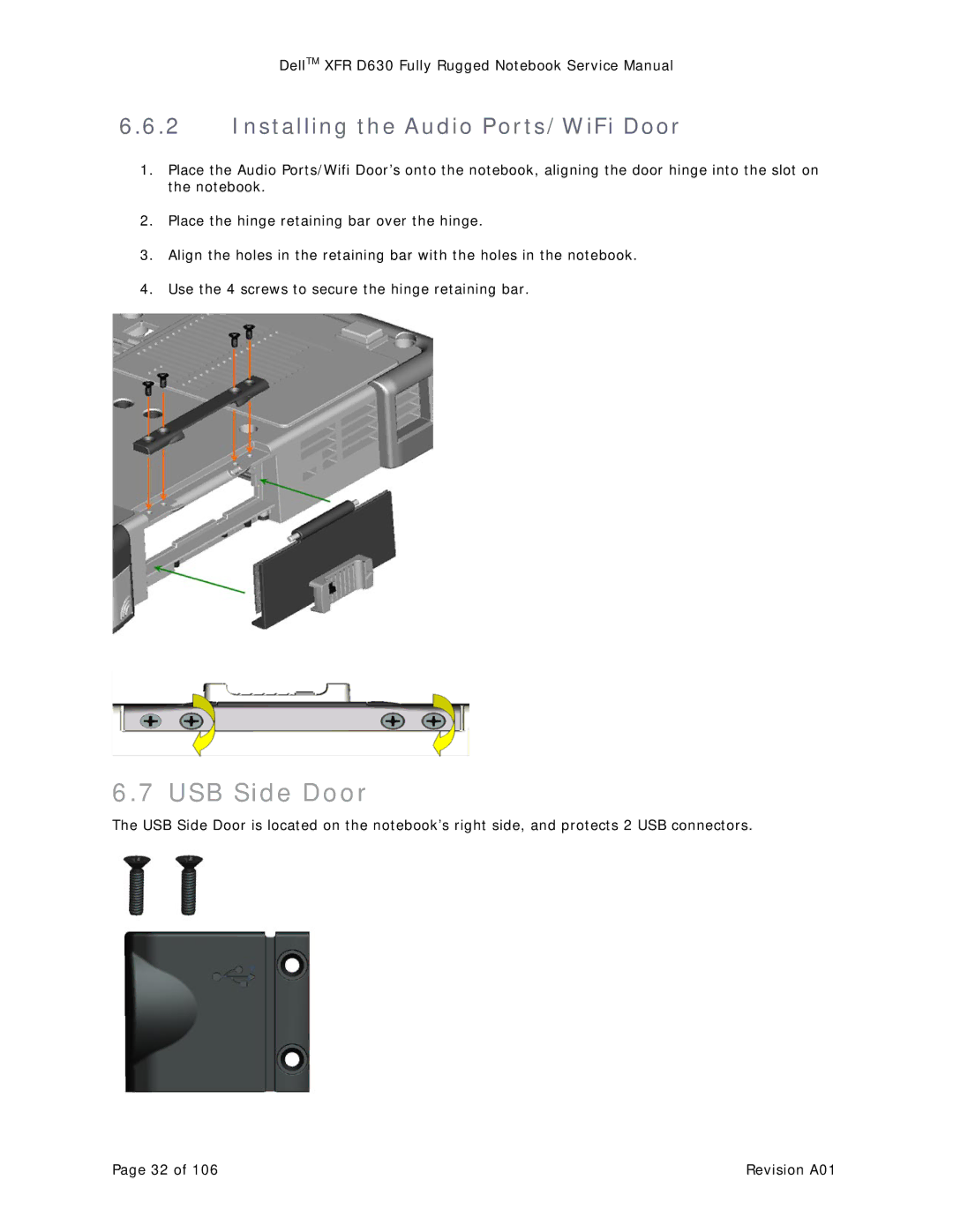 Dell XFR D630 service manual USB Side Door, Installing the Audio Ports/WiFi Door 