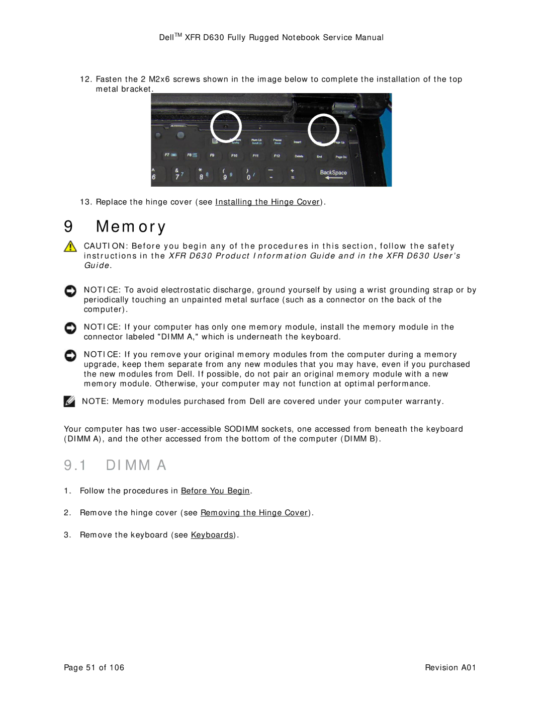 Dell XFR D630 service manual Memory, Dimm a 