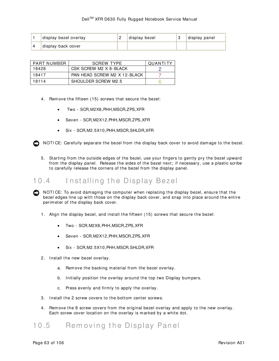 Dell XFR D630 service manual Installing the Display Bezel, Removing the Display Panel 