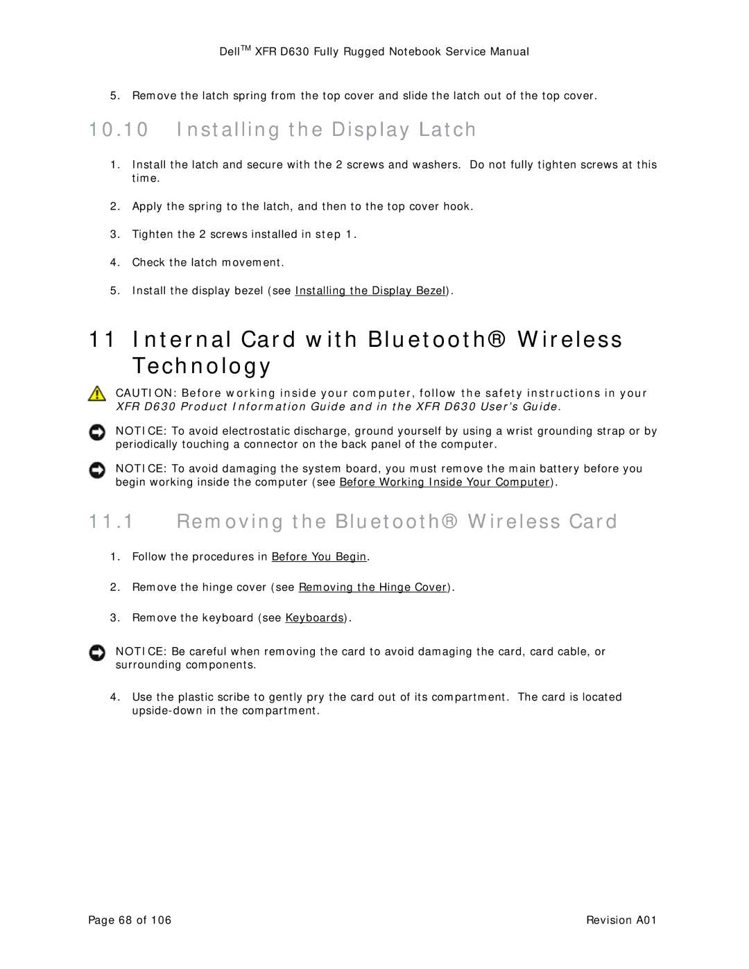 Dell XFR D630 service manual Internal Card with Bluetooth Wireless Technology, Installing the Display Latch 