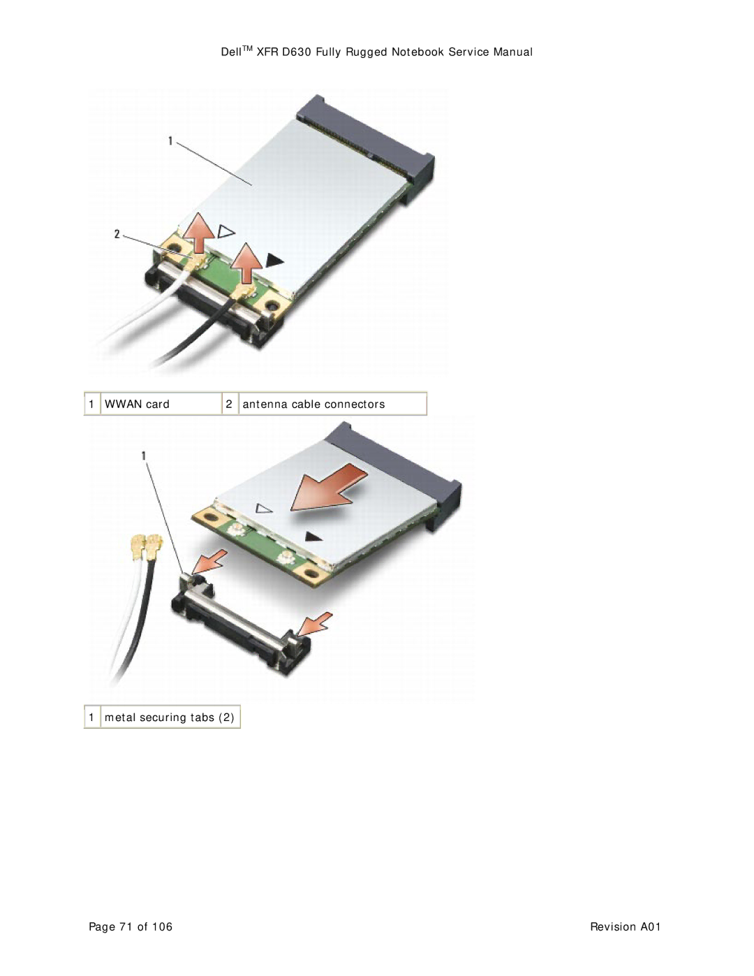 Dell XFR D630 service manual Wwan card Antenna cable connectors Metal securing tabs 