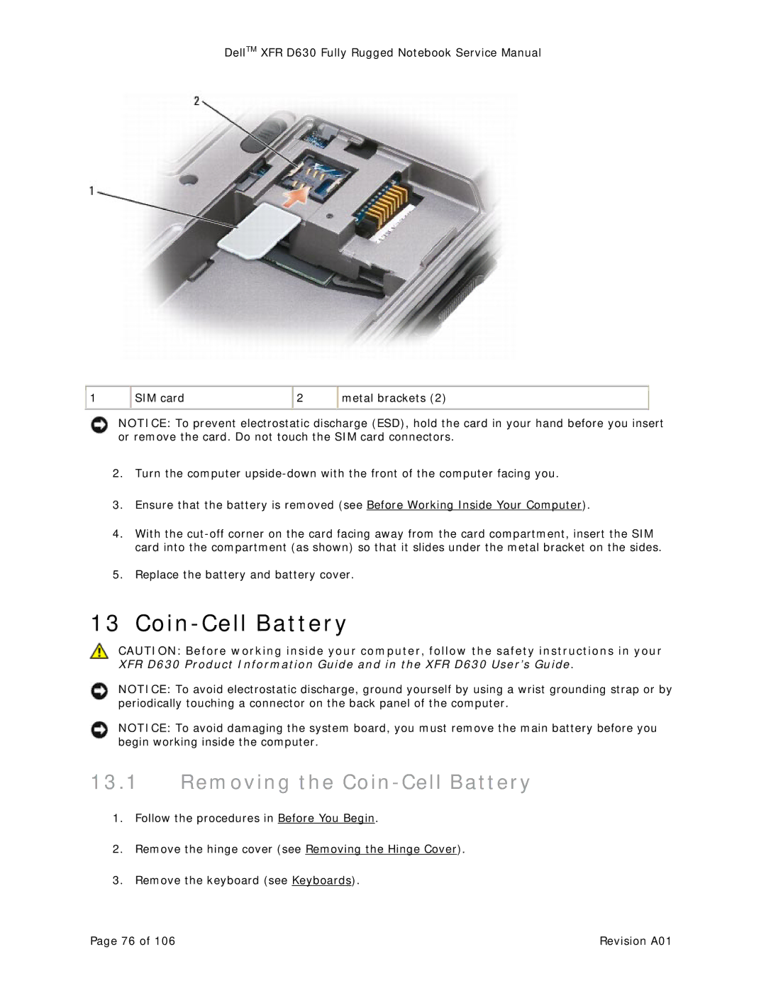 Dell XFR D630 service manual Removing the Coin-Cell Battery 