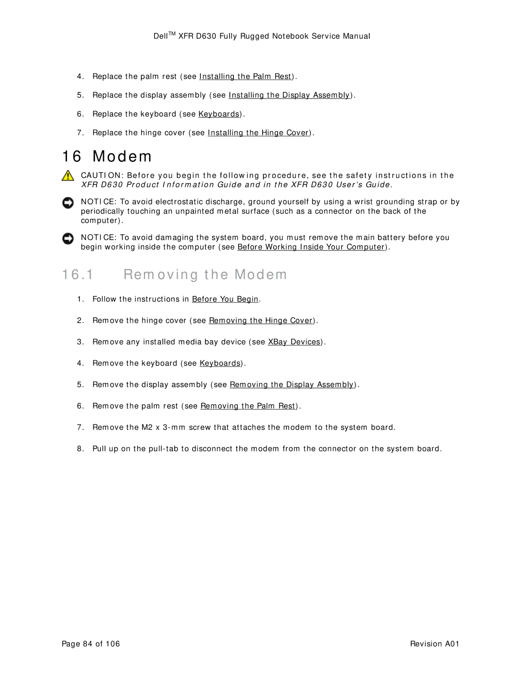 Dell XFR D630 service manual Removing the Modem 