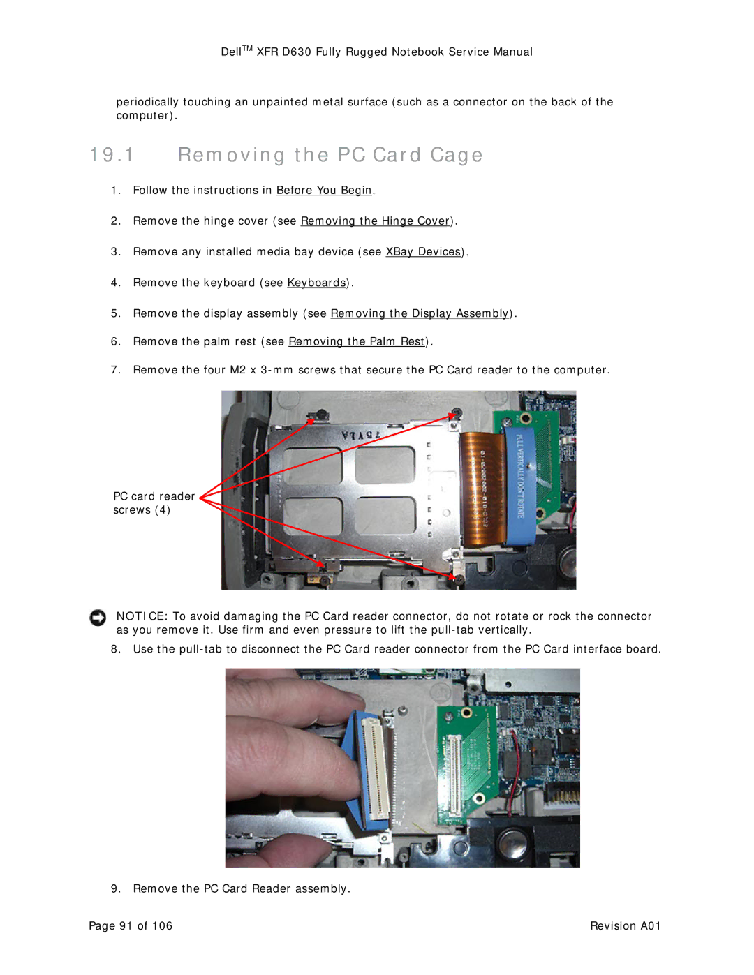 Dell XFR D630 service manual Removing the PC Card Cage 