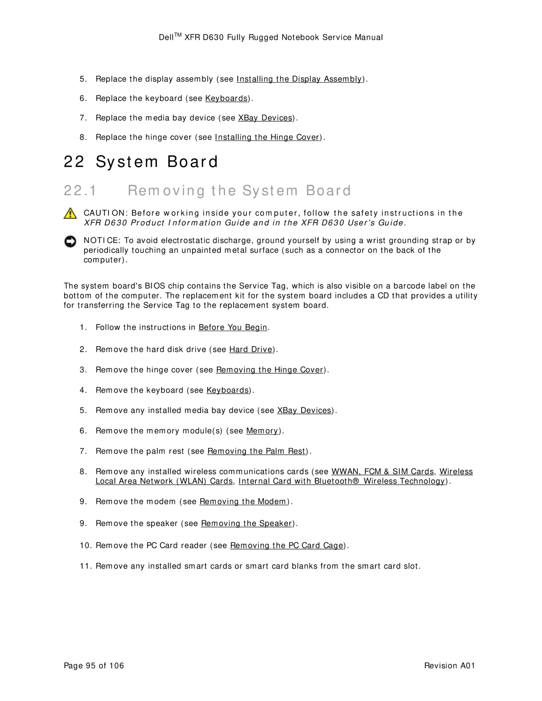 Dell XFR D630 service manual Removing the System Board 