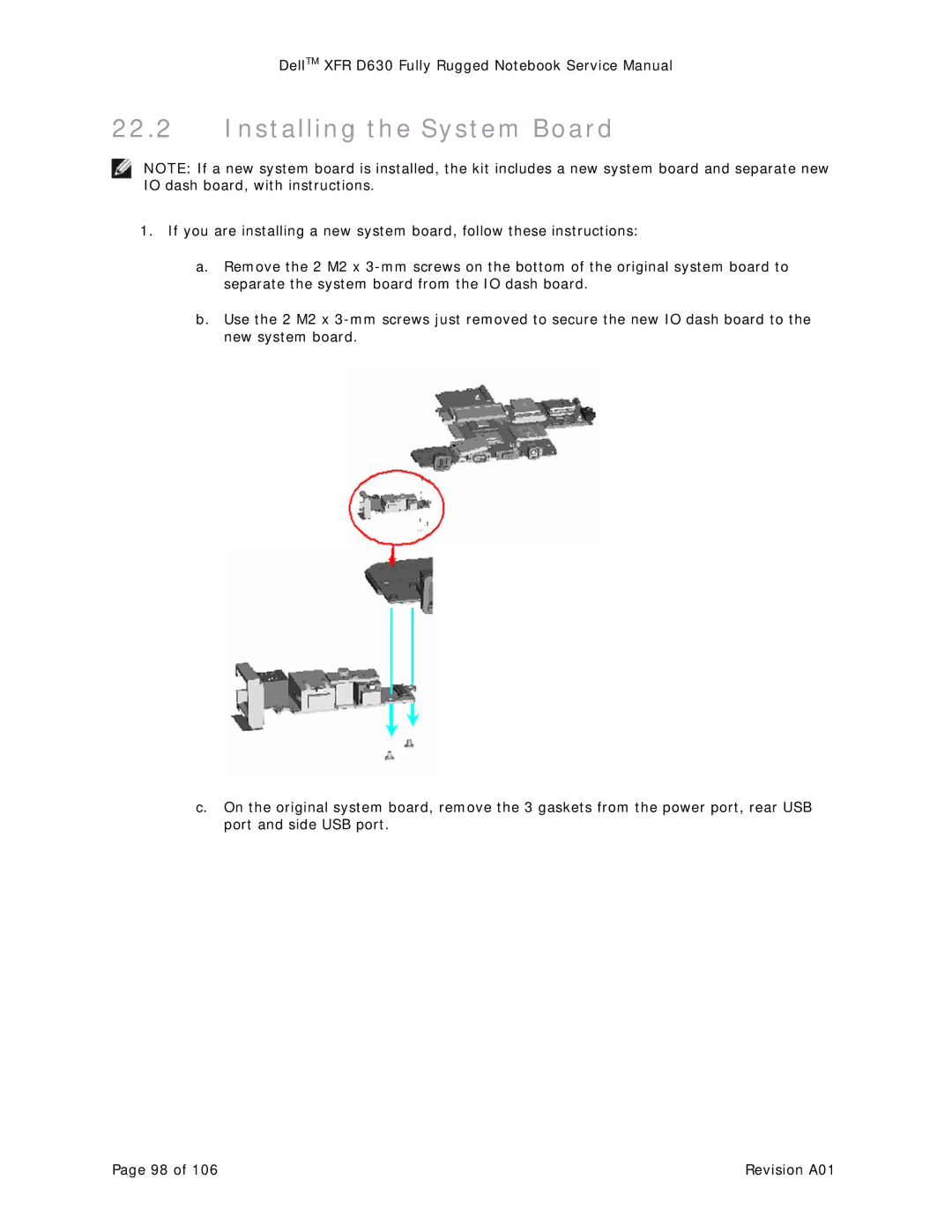 Dell XFR D630 service manual Installing the System Board 