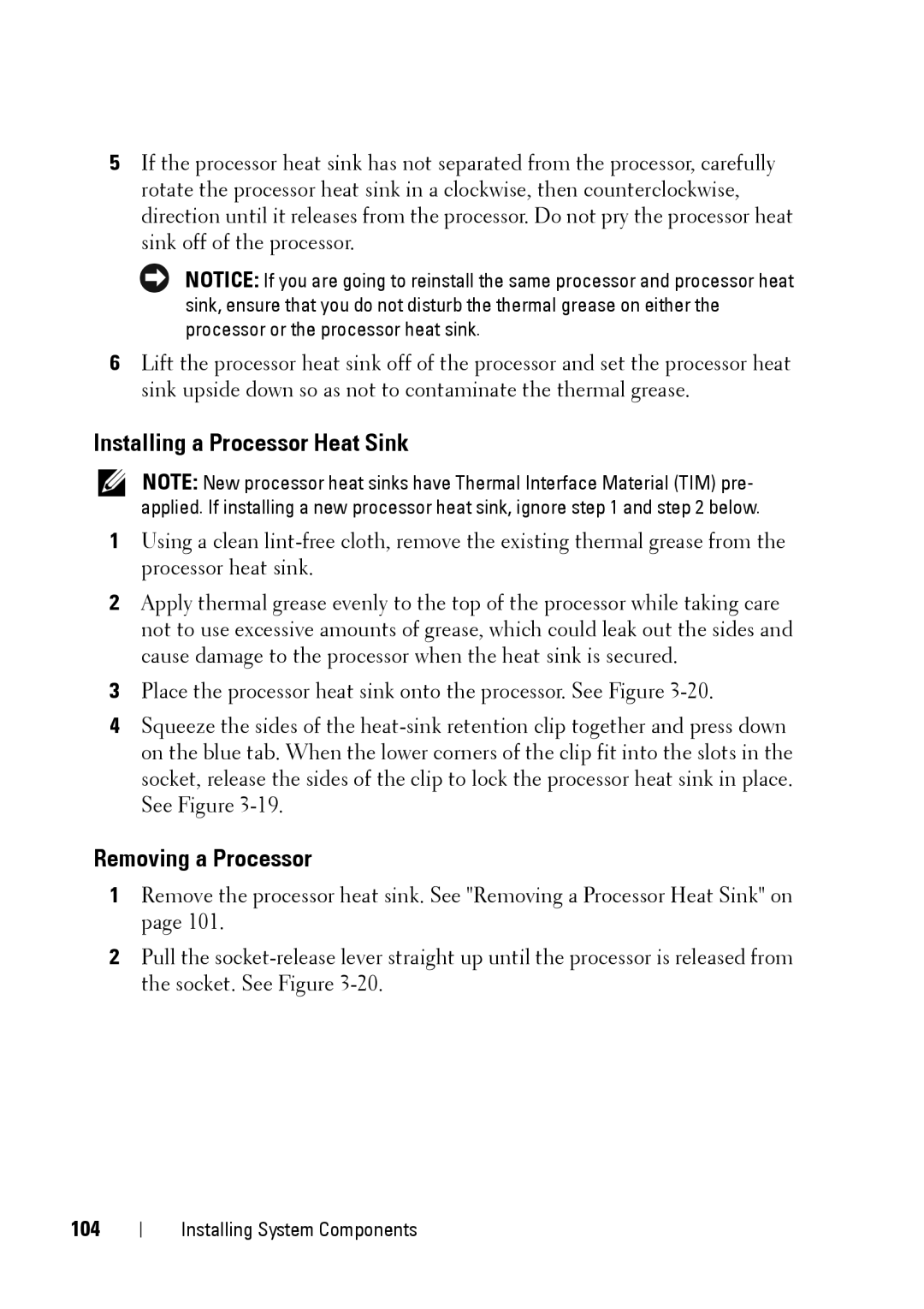 Dell XK946 manual Installing a Processor Heat Sink, Removing a Processor, 104 