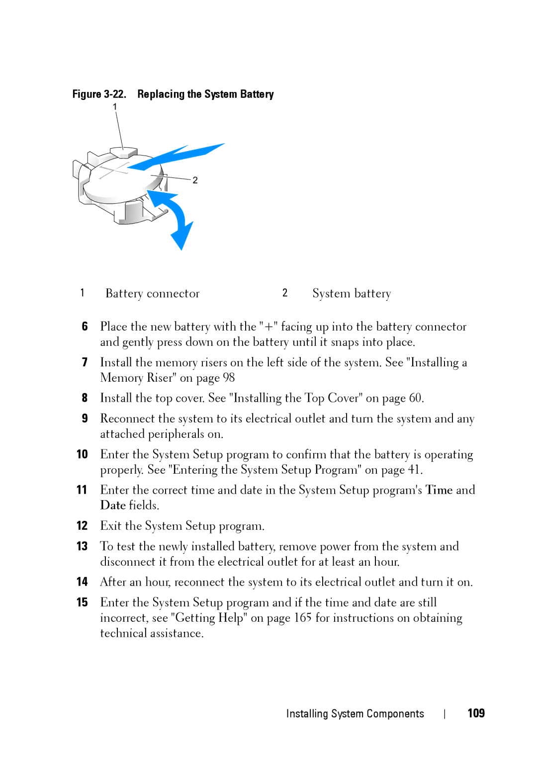 Dell XK946 manual 109, Replacing the System Battery 