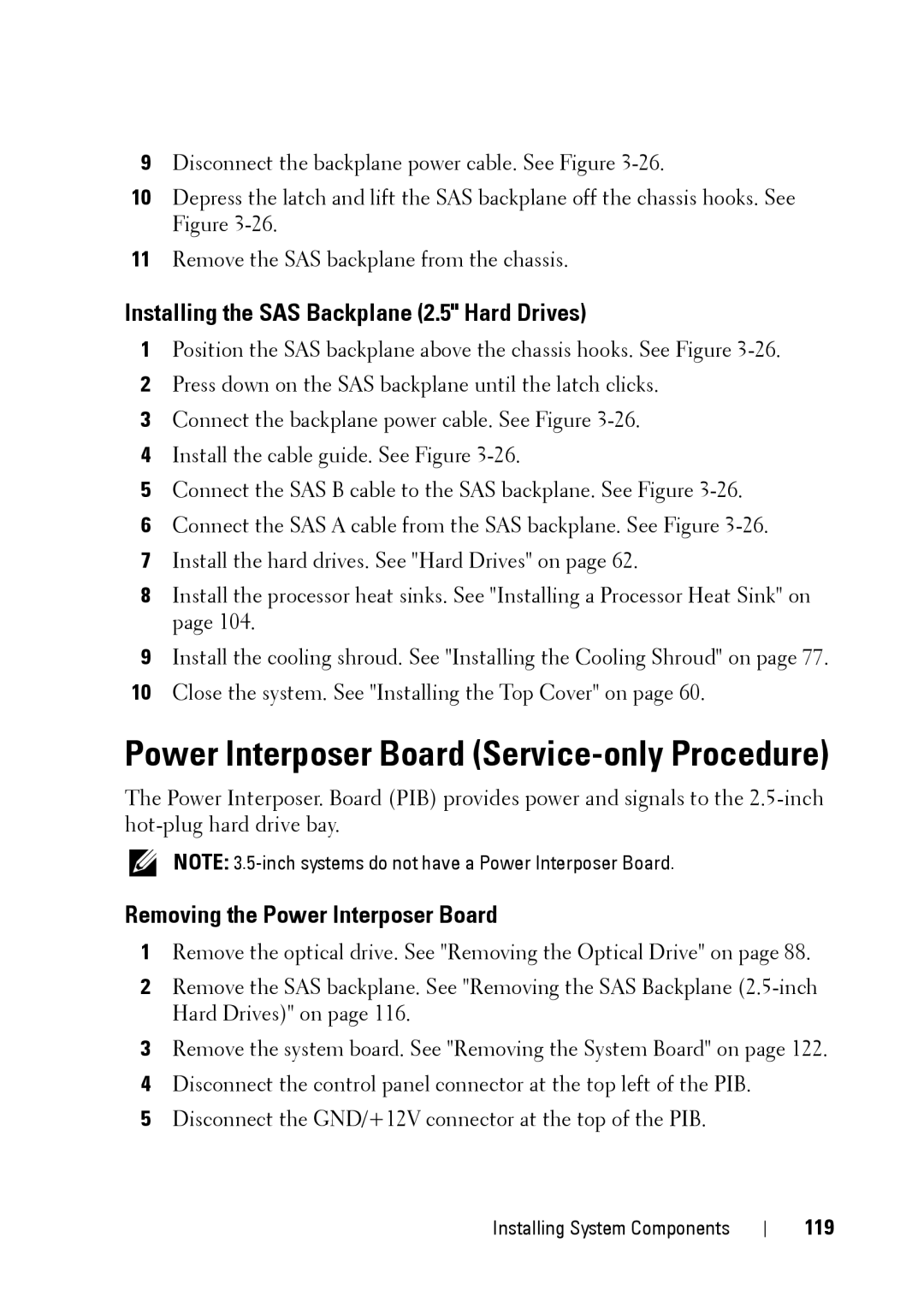 Dell XK946 manual Installing the SAS Backplane 2.5 Hard Drives, Removing the Power Interposer Board, 119 