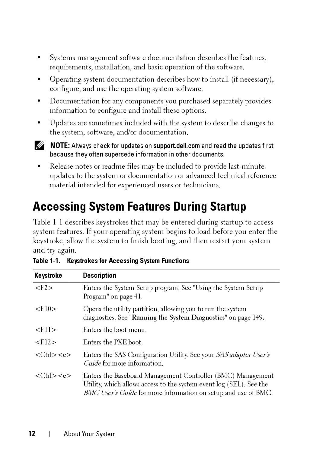 Dell XK946 manual Accessing System Features During Startup, Keystrokes for Accessing System Functions Description 