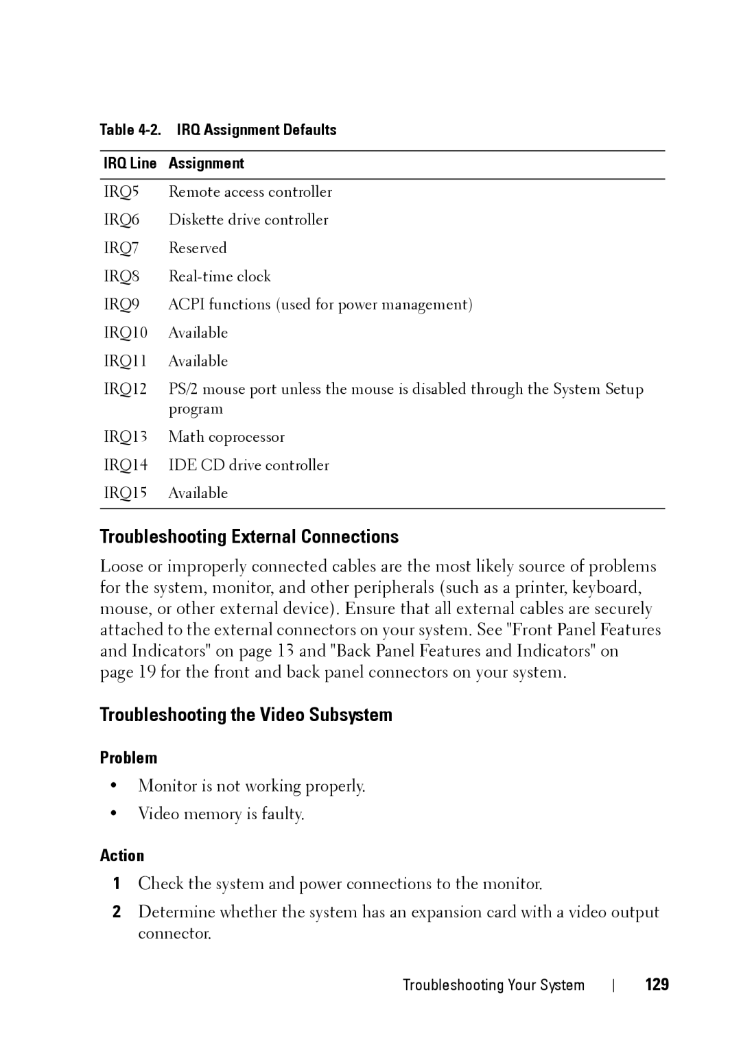 Dell XK946 manual Troubleshooting External Connections, Troubleshooting the Video Subsystem, Problem, Action, 129 