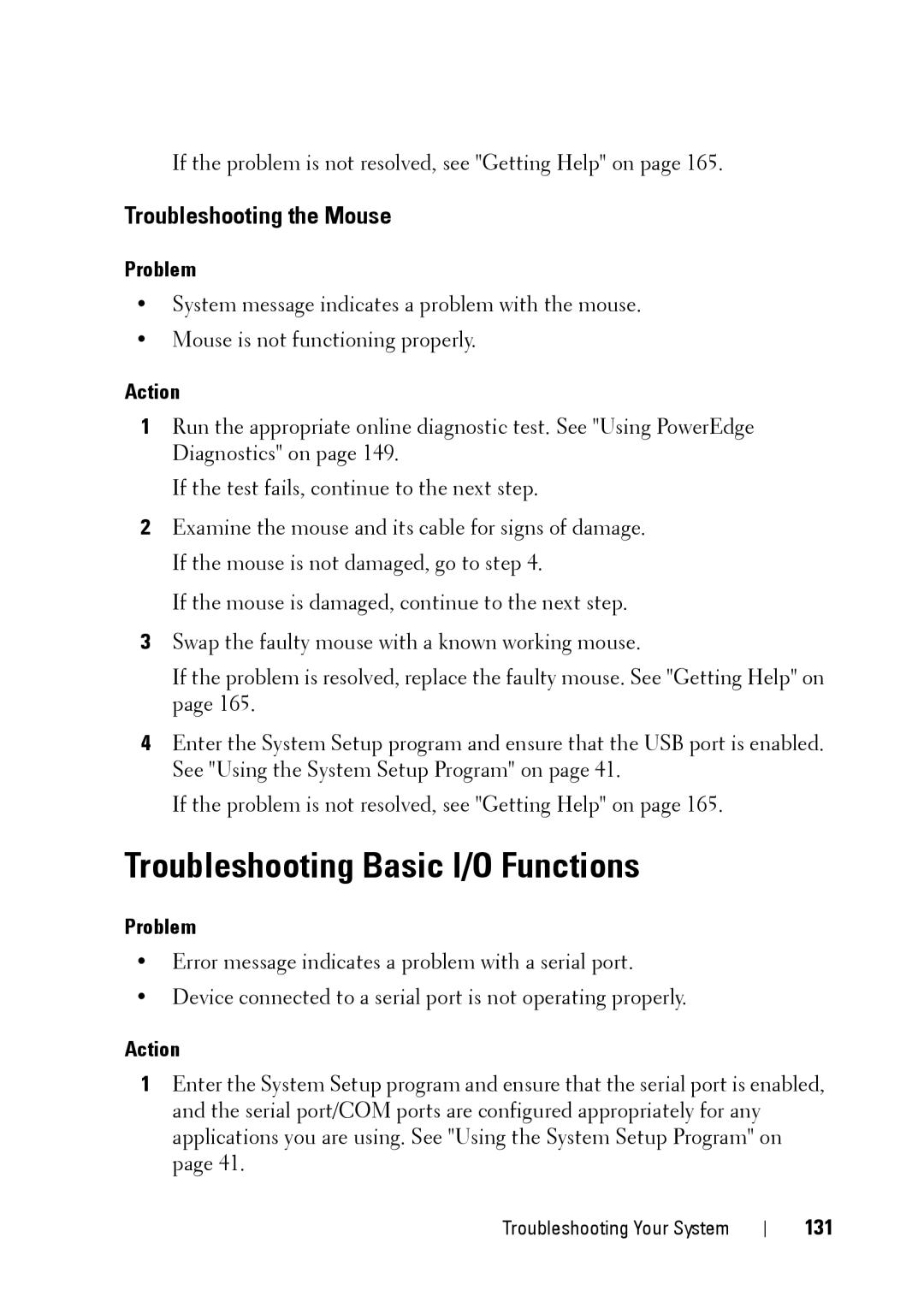 Dell XK946 manual Troubleshooting Basic I/O Functions, Troubleshooting the Mouse, 131 