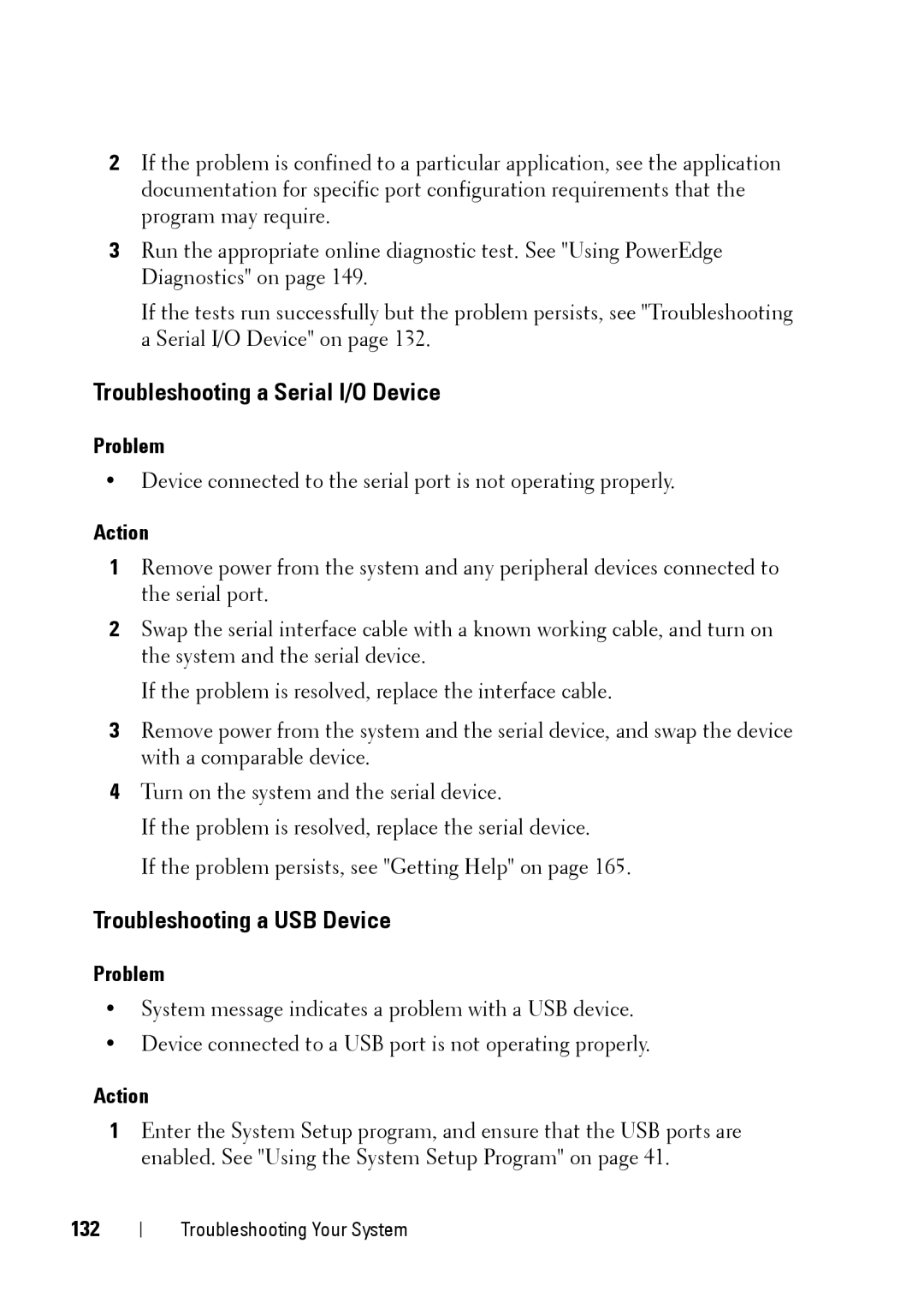 Dell XK946 manual Troubleshooting a Serial I/O Device, Troubleshooting a USB Device, 132 