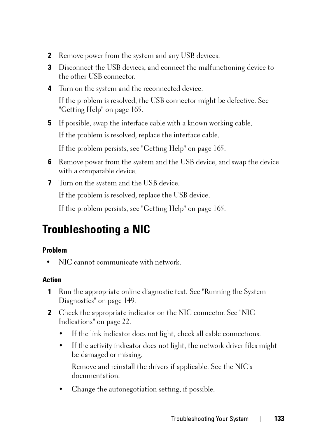 Dell XK946 manual Troubleshooting a NIC, 133 