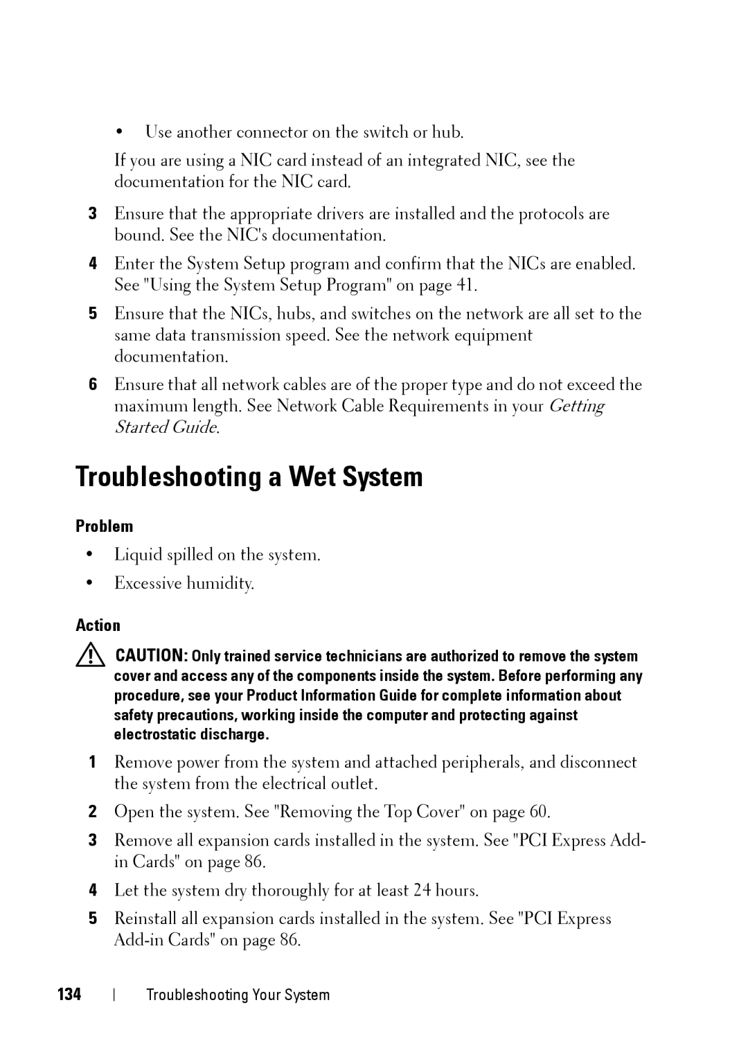 Dell XK946 manual Troubleshooting a Wet System, 134 