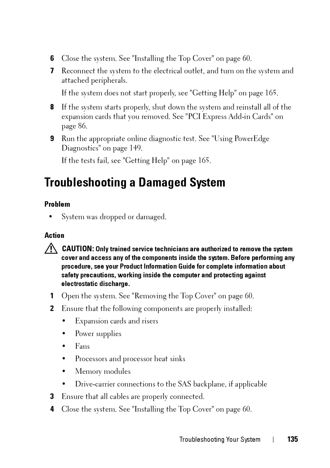 Dell XK946 manual Troubleshooting a Damaged System, 135 