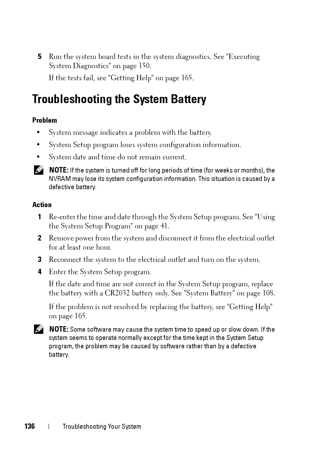 Dell XK946 manual Troubleshooting the System Battery, 136 