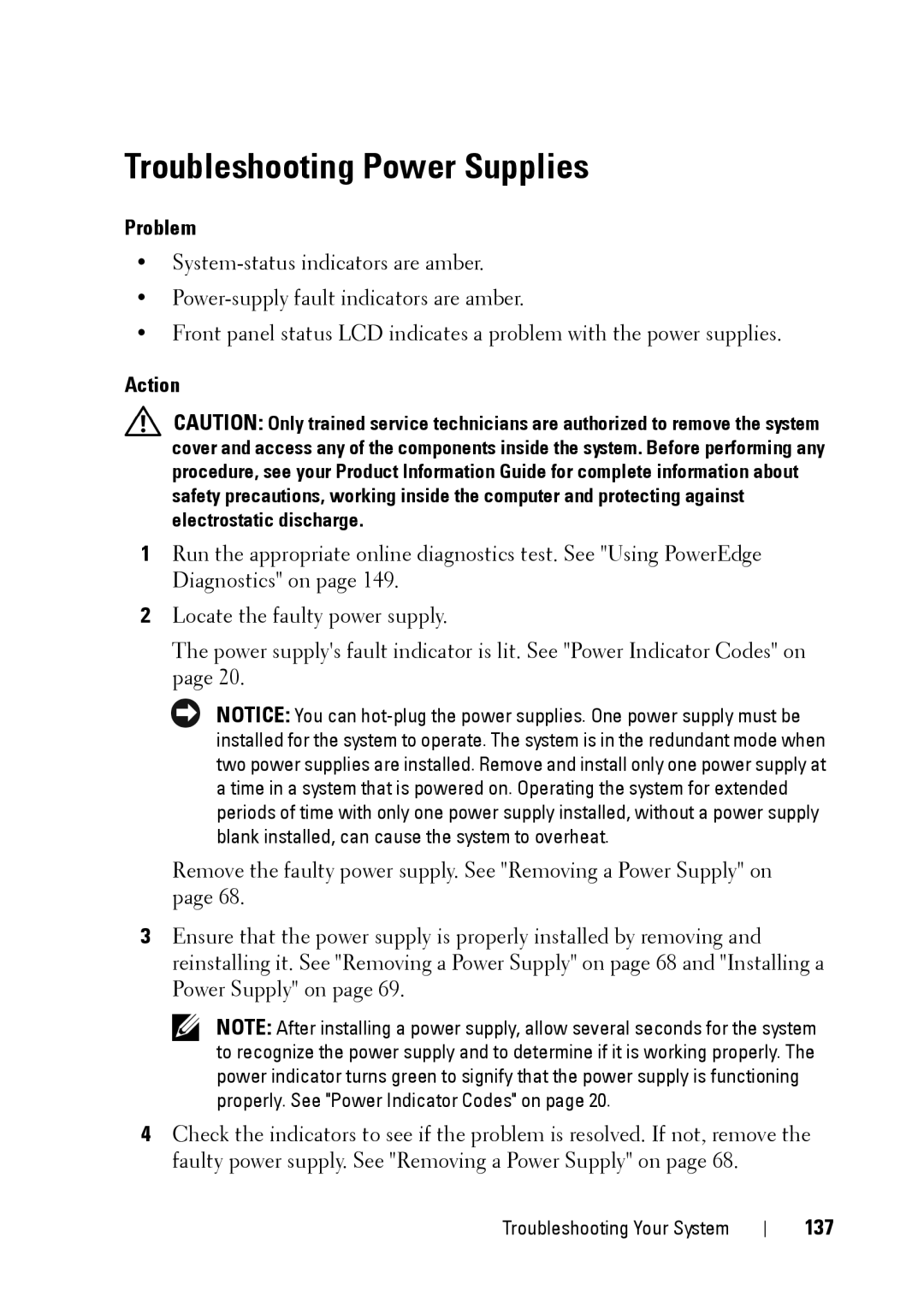 Dell XK946 manual Troubleshooting Power Supplies, 137 