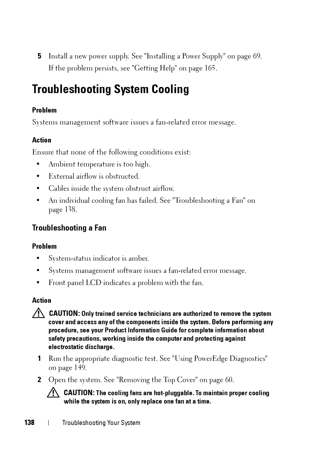 Dell XK946 manual Troubleshooting System Cooling, Troubleshooting a Fan, 138 