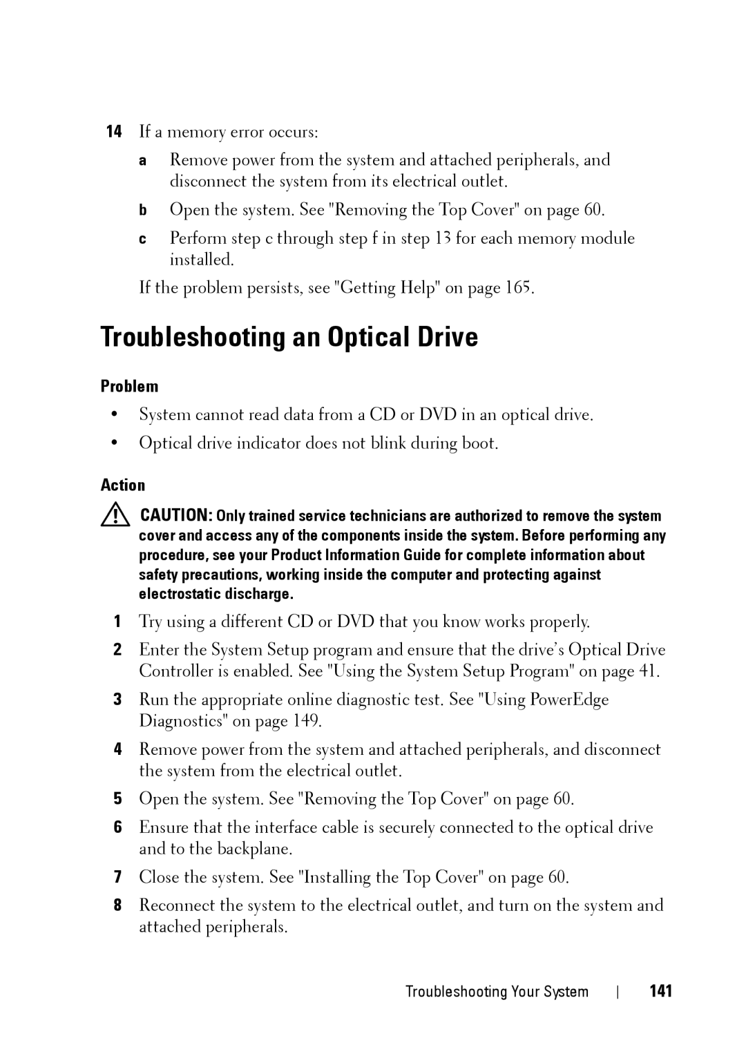 Dell XK946 manual Troubleshooting an Optical Drive, 141 