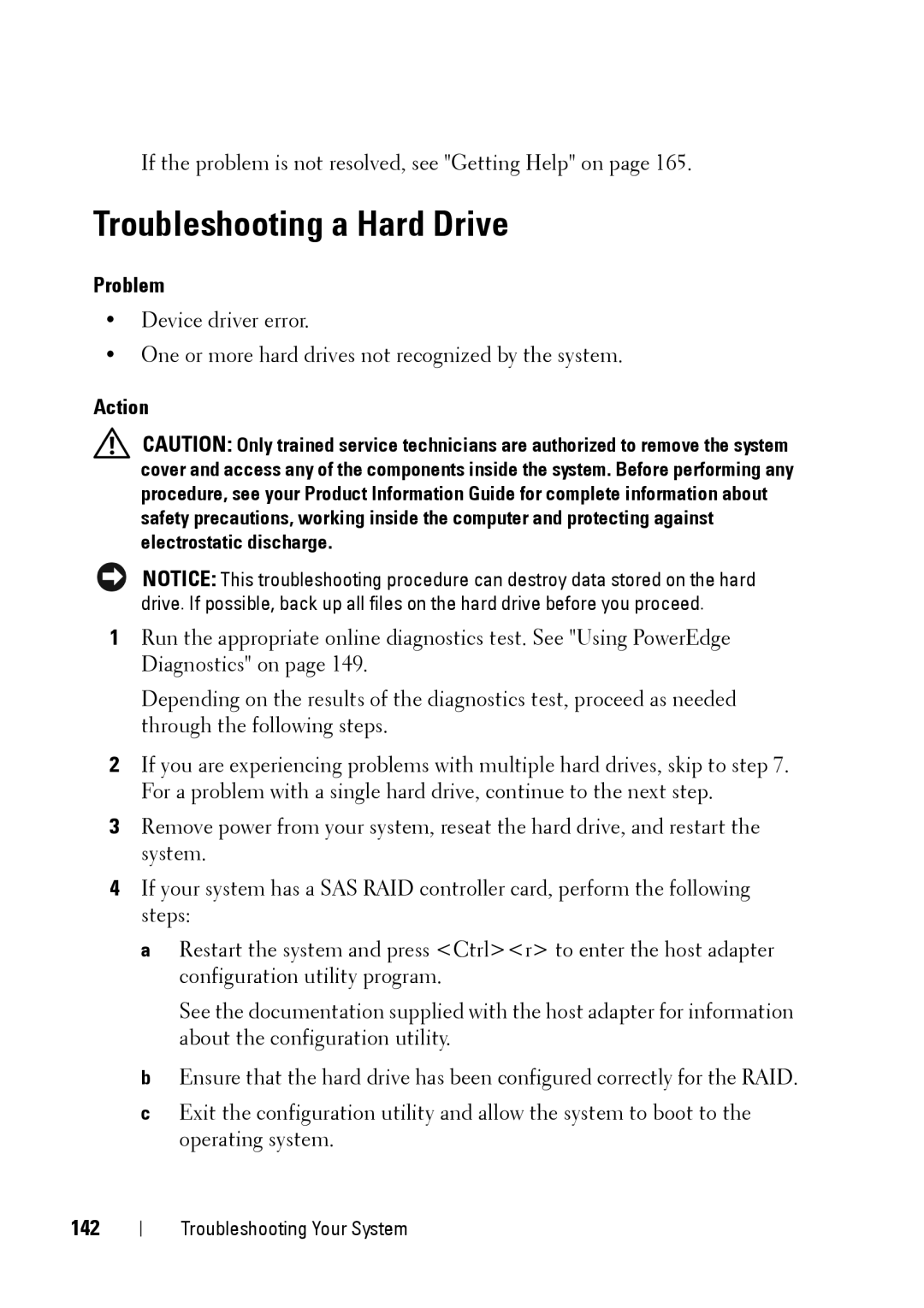 Dell XK946 manual Troubleshooting a Hard Drive, 142 