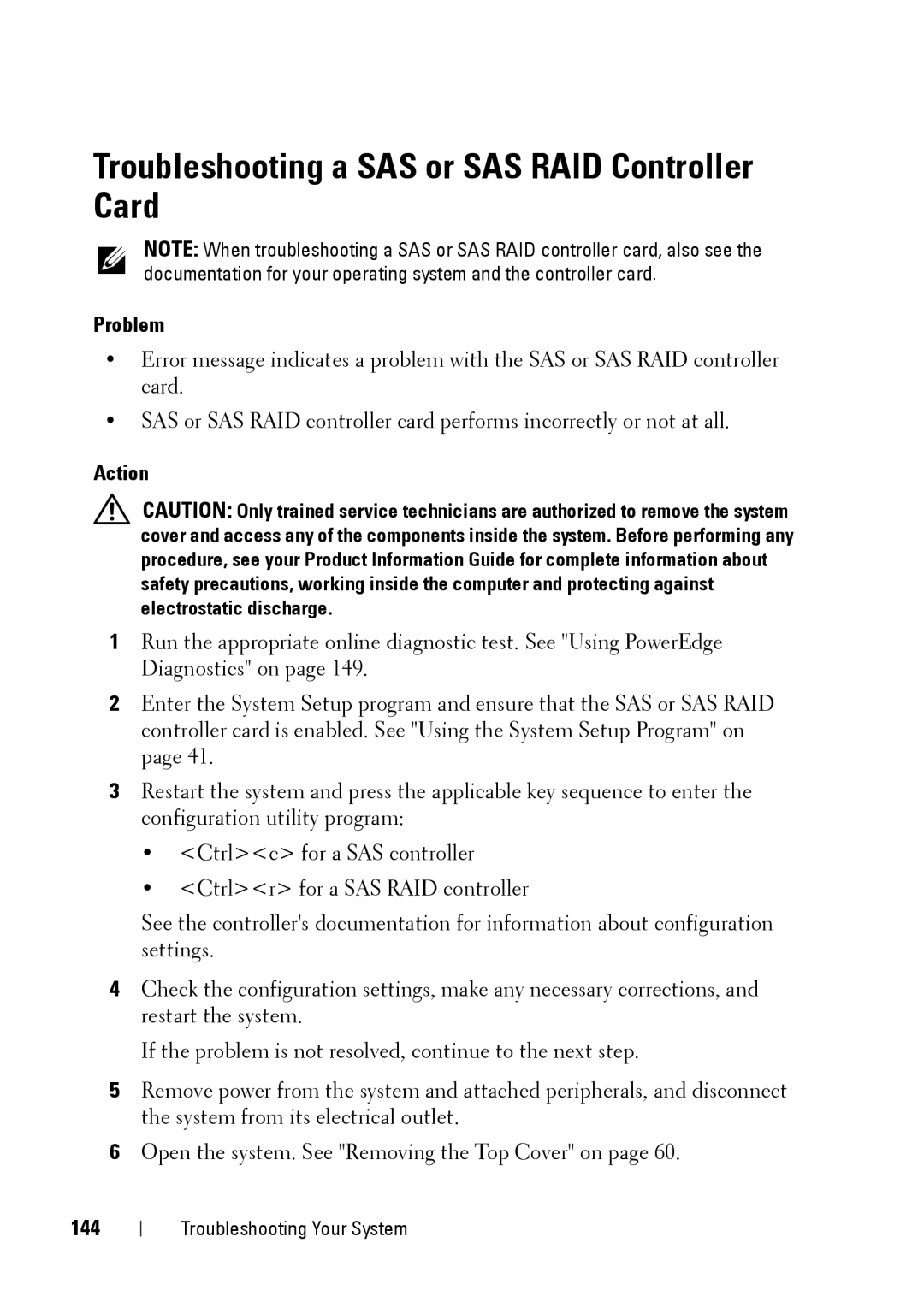 Dell XK946 manual Troubleshooting a SAS or SAS RAID Controller Card, 144 