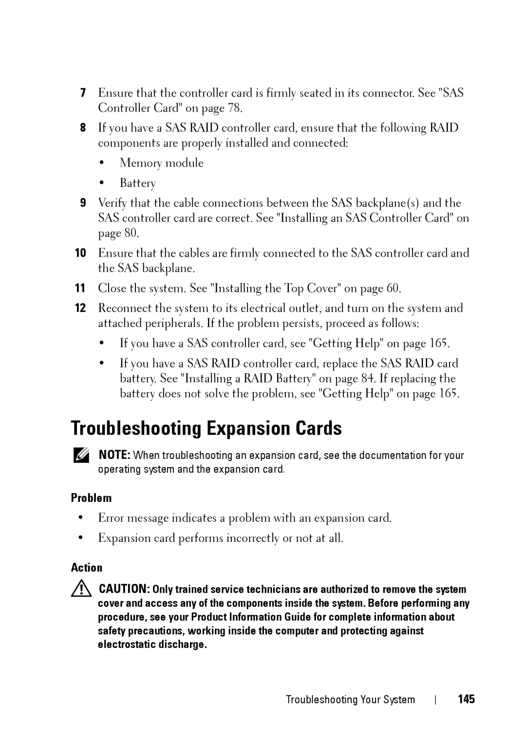 Dell XK946 manual Troubleshooting Expansion Cards, 145 