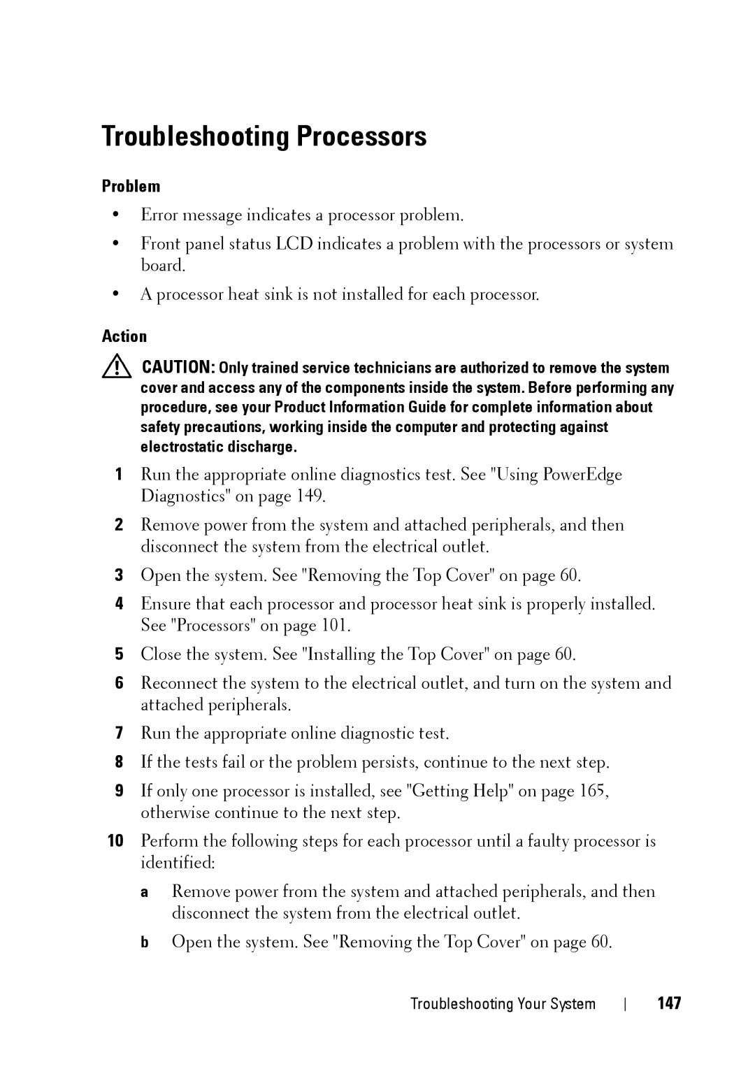 Dell XK946 manual Troubleshooting Processors, 147 