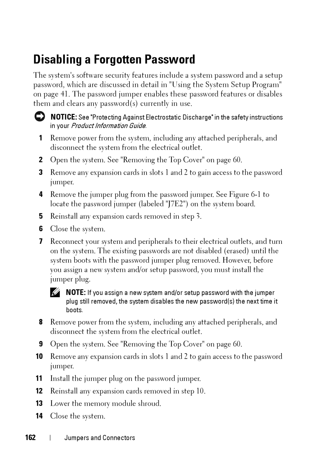 Dell XK946 manual Disabling a Forgotten Password, 162 