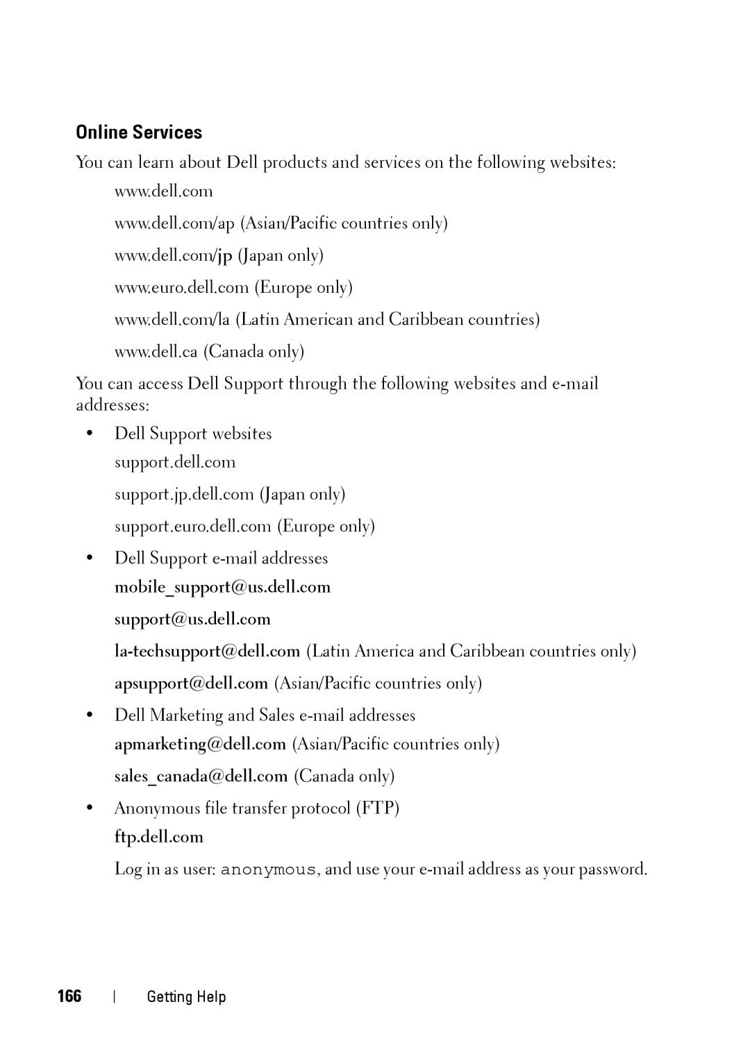 Dell XK946 manual Online Services, 166 