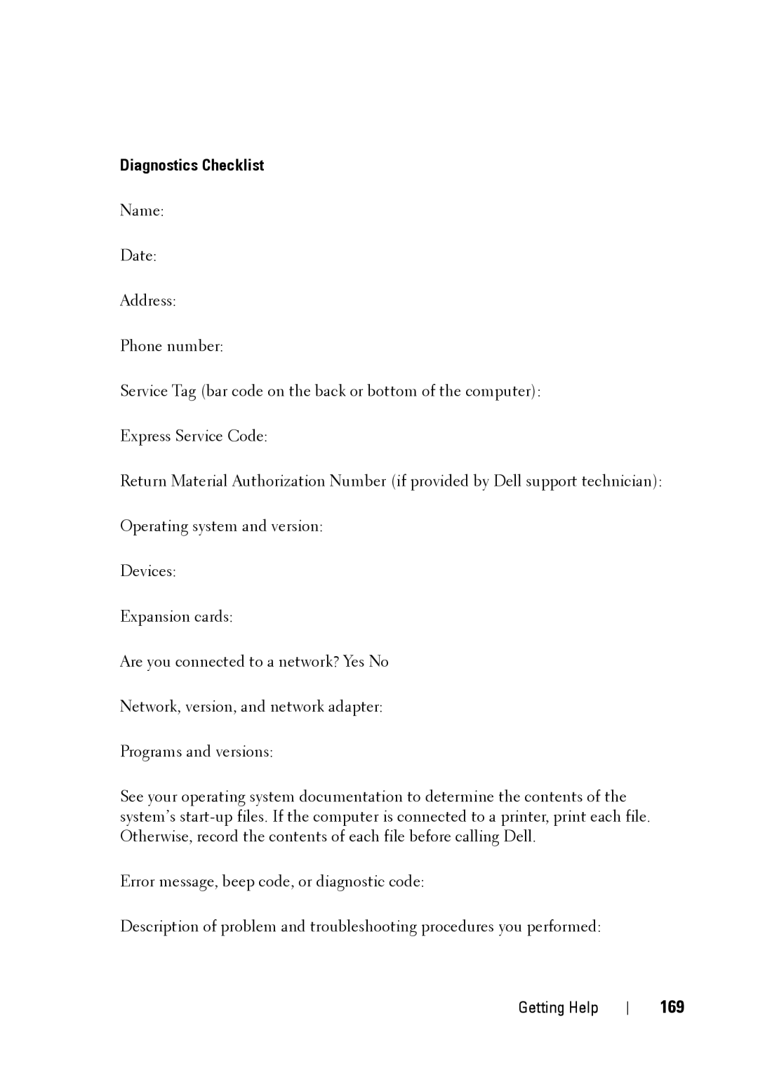 Dell XK946 manual 169, Diagnostics Checklist 