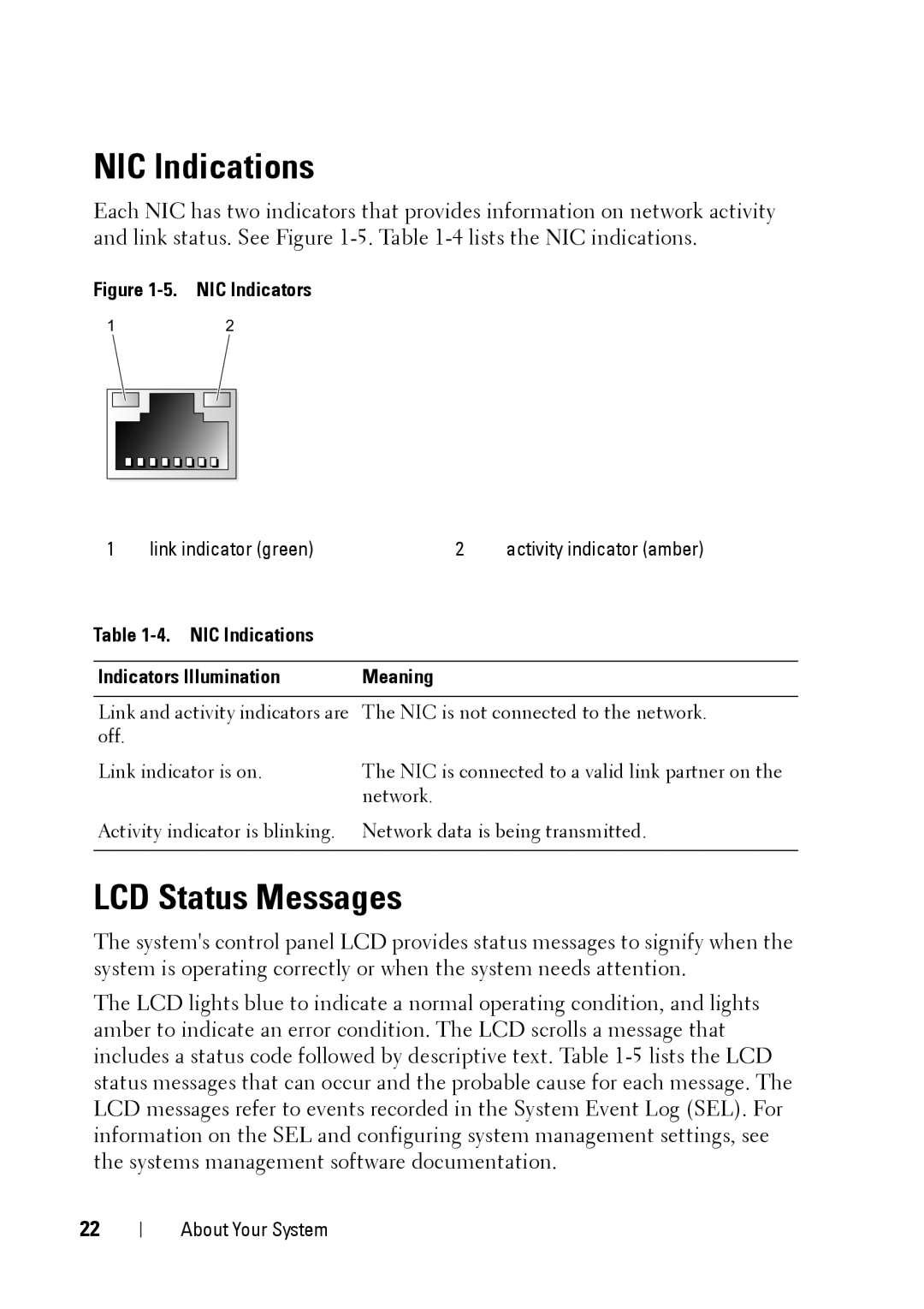 Dell XK946 manual NIC Indications, LCD Status Messages, Indicators Illumination Meaning 