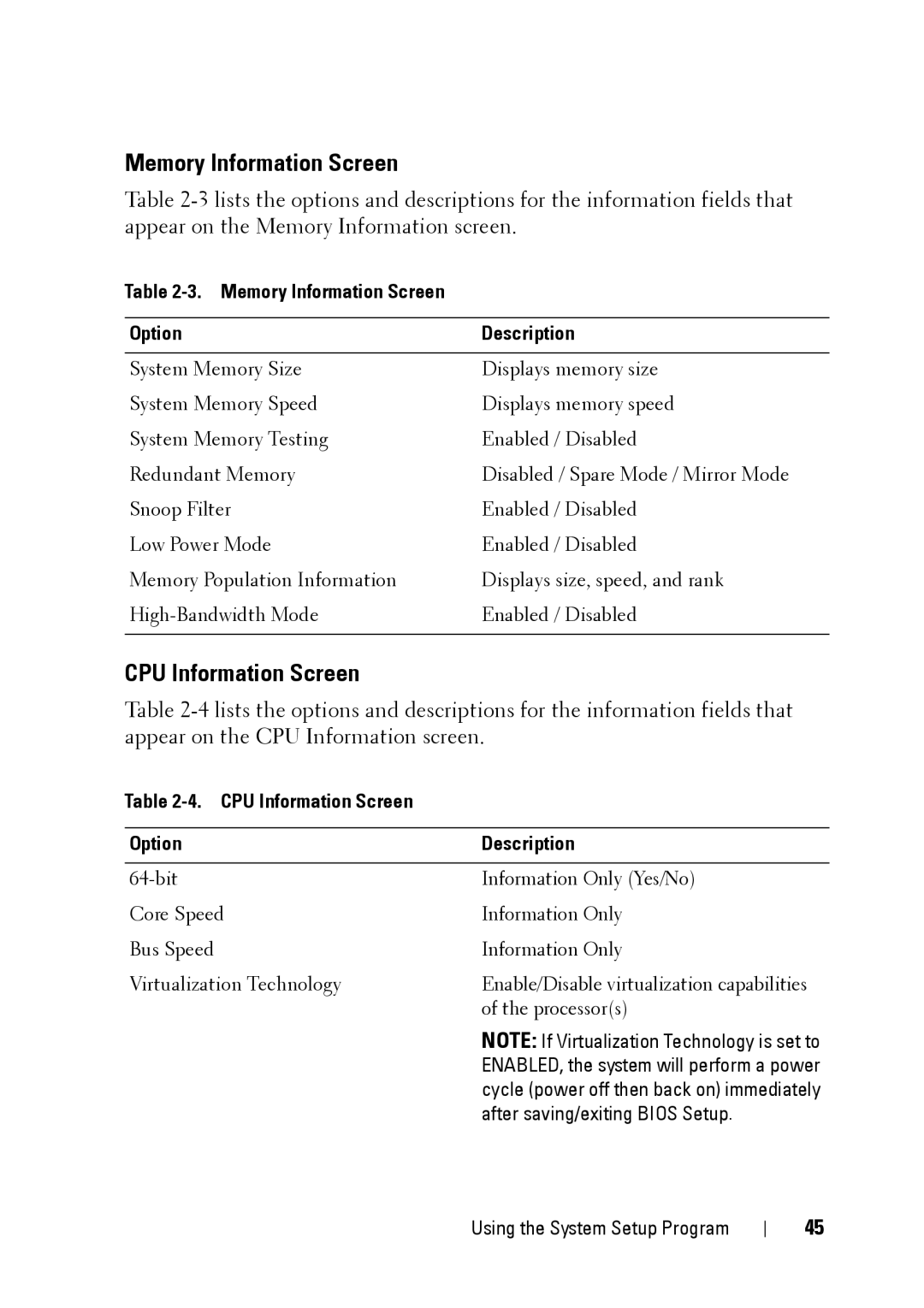 Dell XK946 manual CPU Information Screen, Memory Information Screen Option Description 