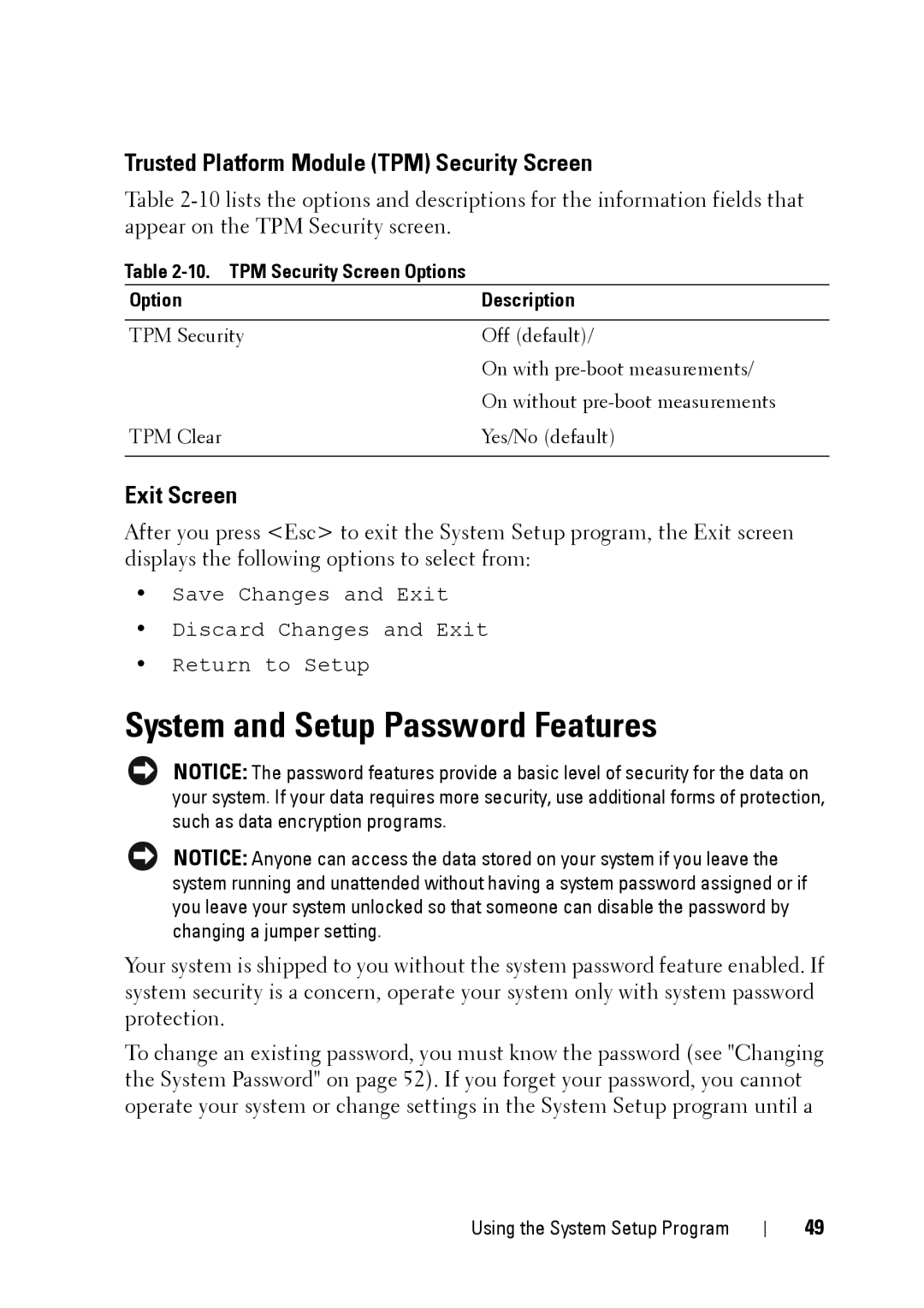 Dell XK946 manual System and Setup Password Features, Trusted Platform Module TPM Security Screen, Exit Screen 