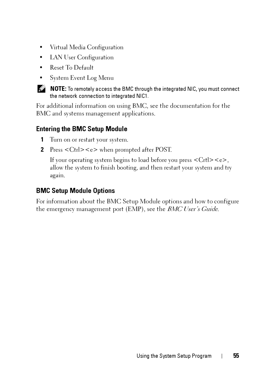 Dell XK946 manual Entering the BMC Setup Module, BMC Setup Module Options 