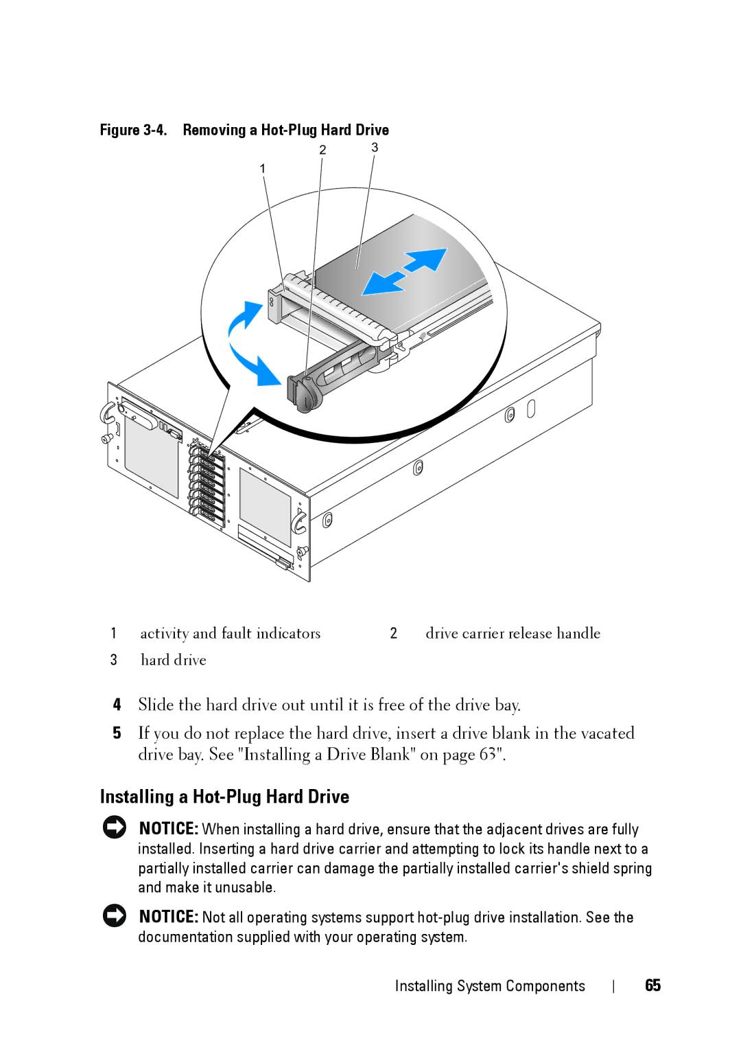 Dell XK946 manual Installing a Hot-Plug Hard Drive, Removing a Hot-Plug Hard Drive 