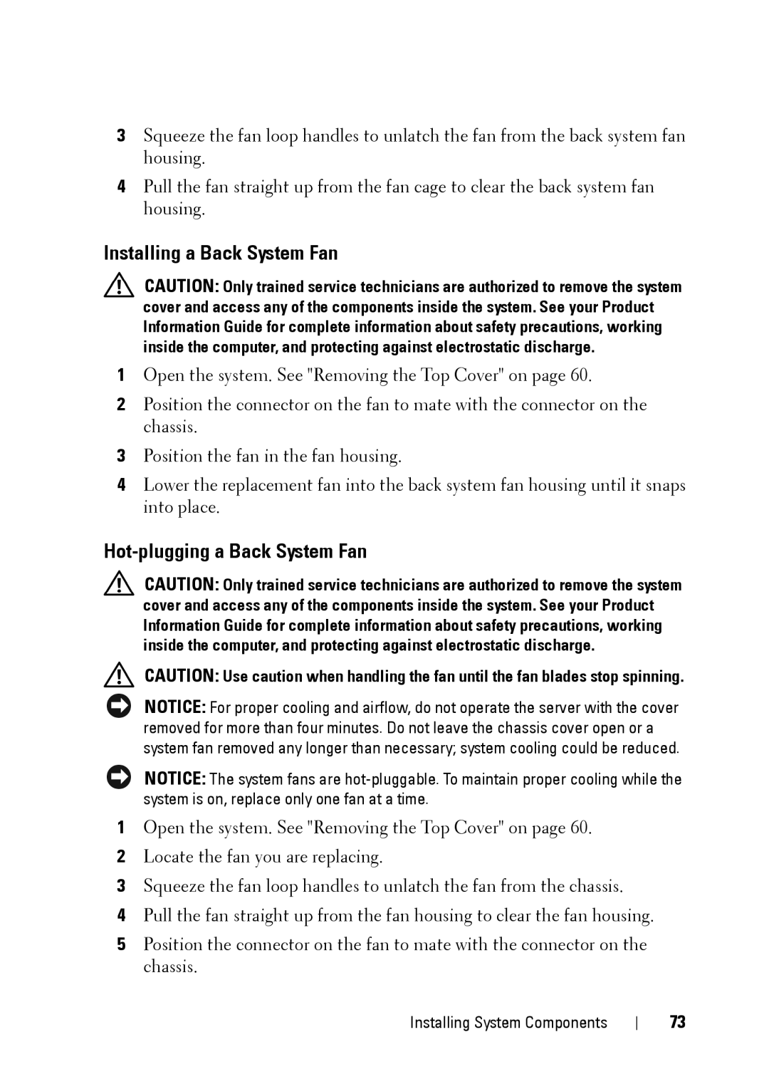 Dell XK946 manual Installing a Back System Fan, Hot-plugging a Back System Fan 