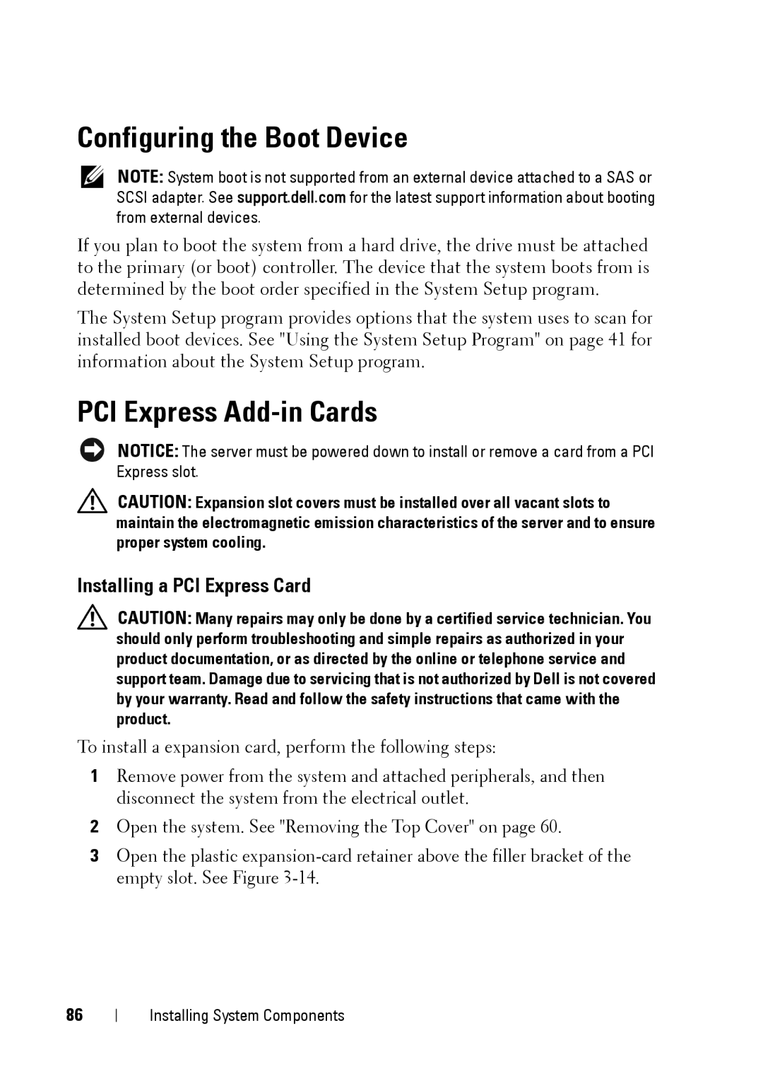 Dell XK946 manual Configuring the Boot Device, PCI Express Add-in Cards, Installing a PCI Express Card 