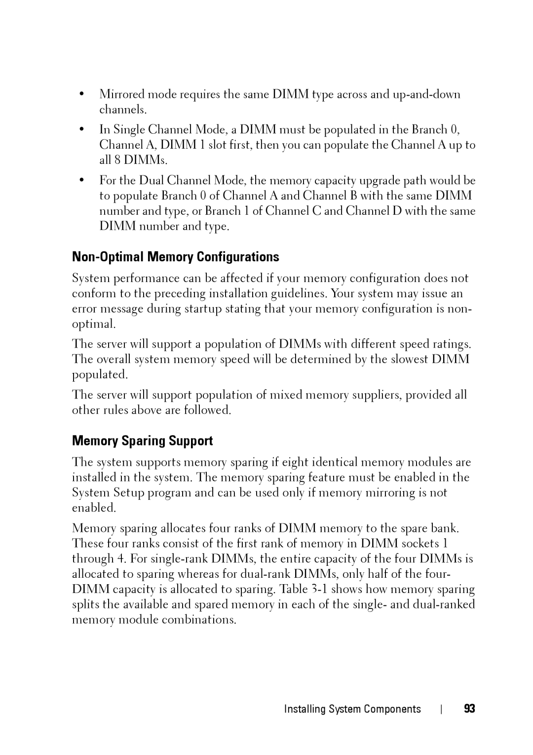 Dell XK946 manual Non-Optimal Memory Configurations, Memory Sparing Support 