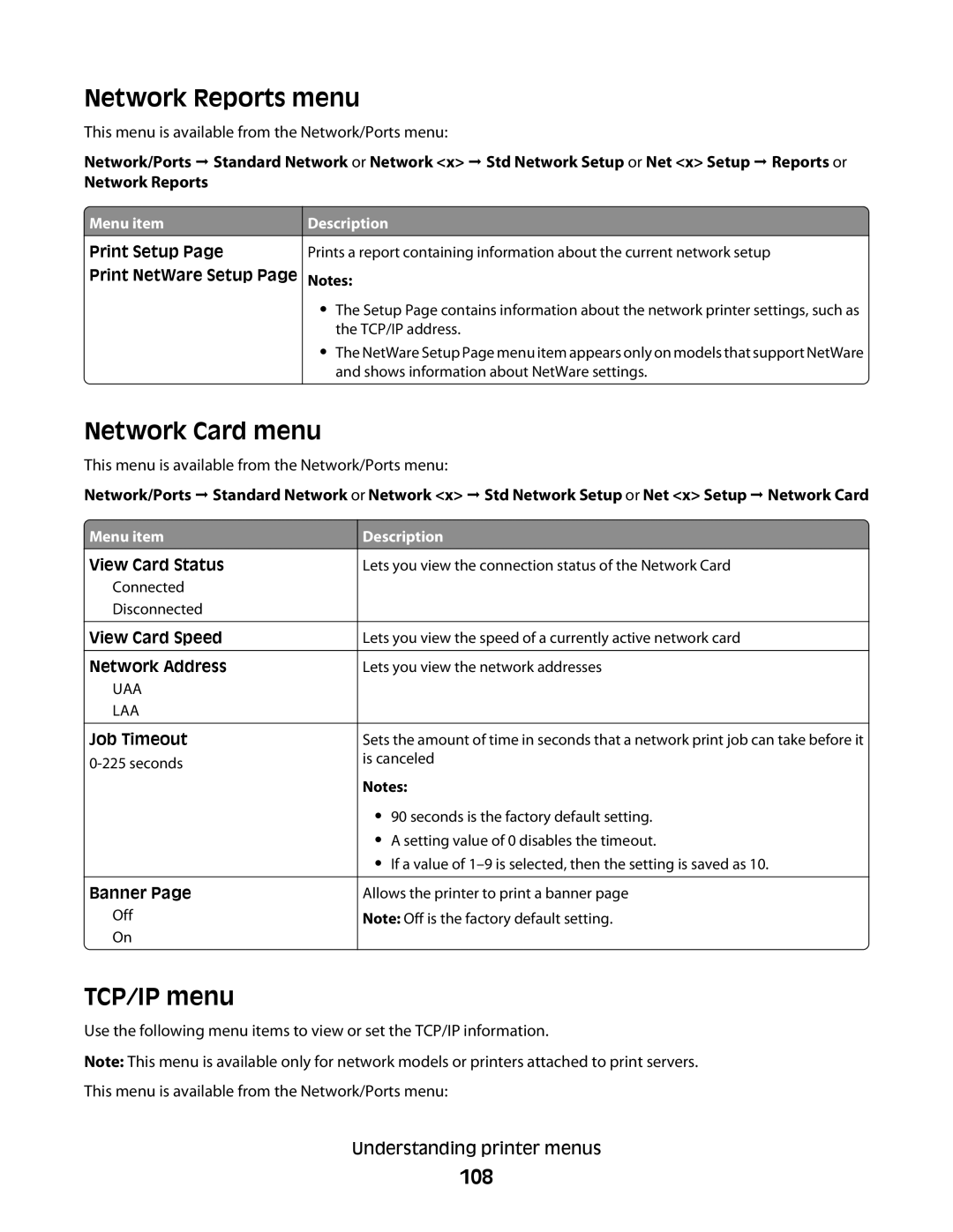 Dell dn1, xn2, n01, n03, mn1, md1, gm1, gd2, n02, 5530, gd1, dn3, dn2, d03 Network Reports menu, Network Card menu, TCP/IP menu, 108 