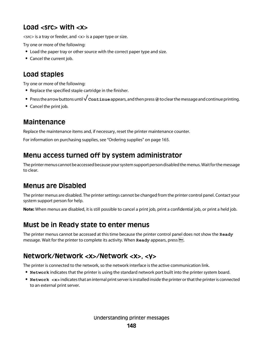 Dell 4551, dn Load src with, Load staples, Maintenance, Menu access turned off by system administrator, Menus are Disabled 