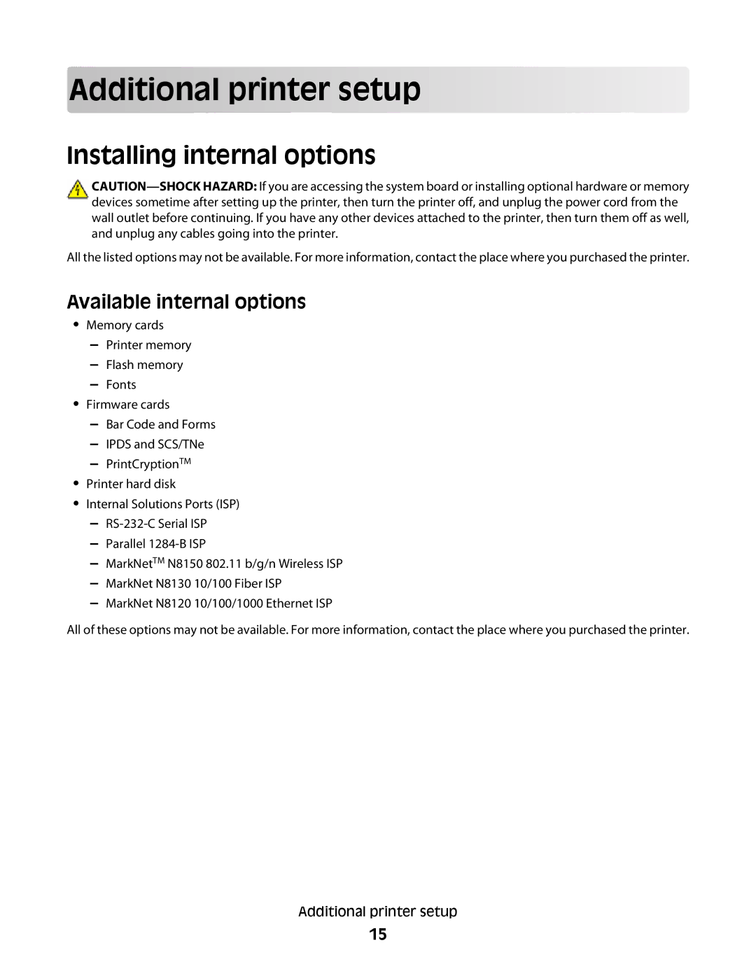 Dell 4864, xn2, n01, n03, mn1, md1, gm1, gd2 Additional printer setup, Installing internal options, Available internal options 