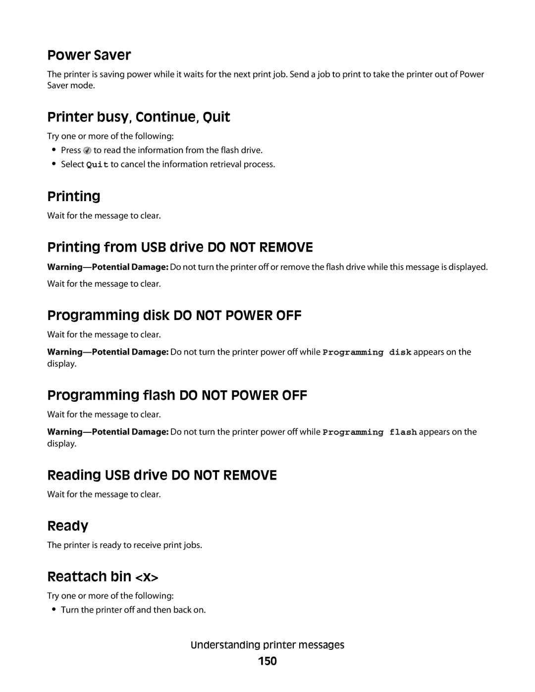 Dell xn2, n01 Power Saver, Printer busy, Continue, Quit, Printing, Programming flash do not Power OFF, Ready, Reattach bin 