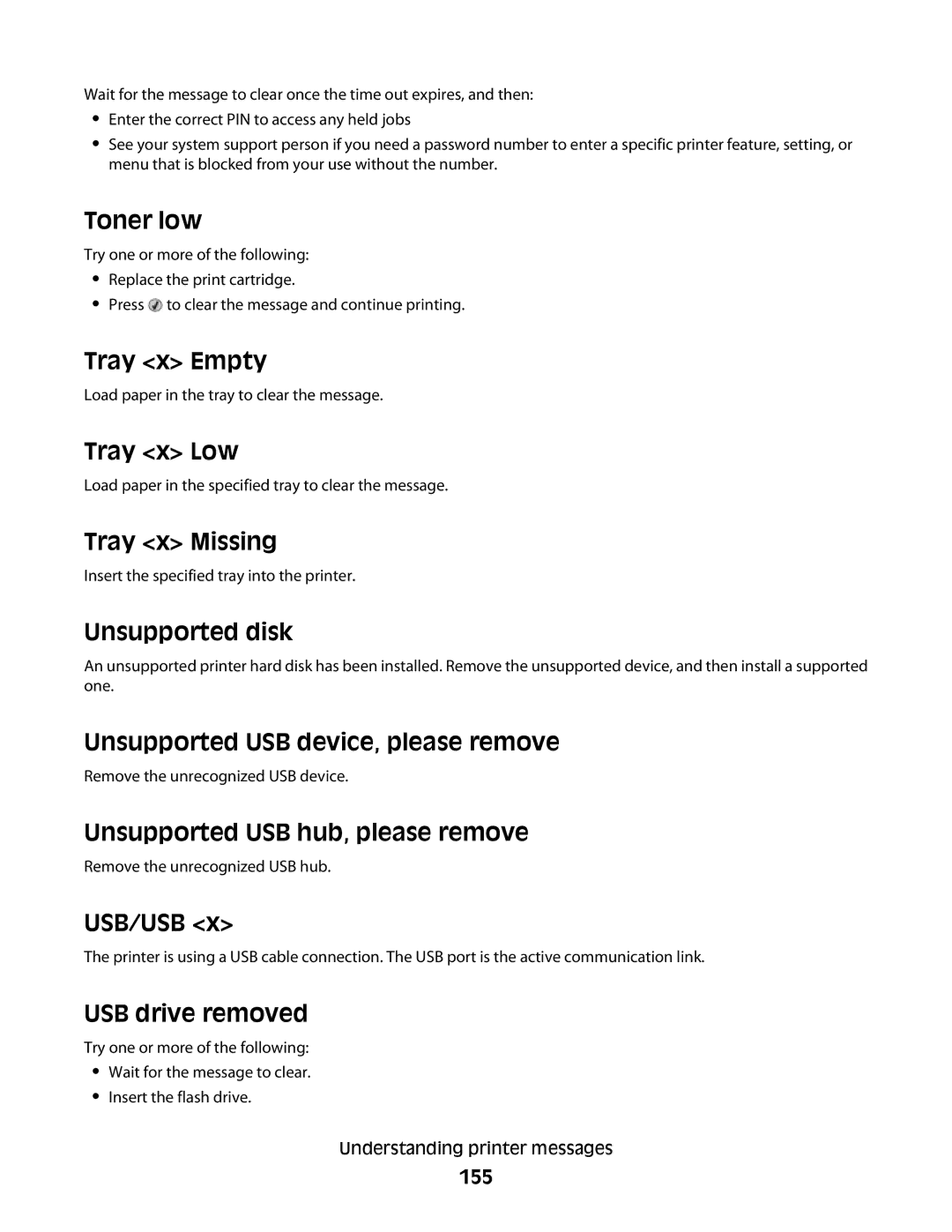 Dell gm1, xn2 Toner low, Tray x Empty, Tray x Low, Tray x Missing, Unsupported disk, Unsupported USB device, please remove 