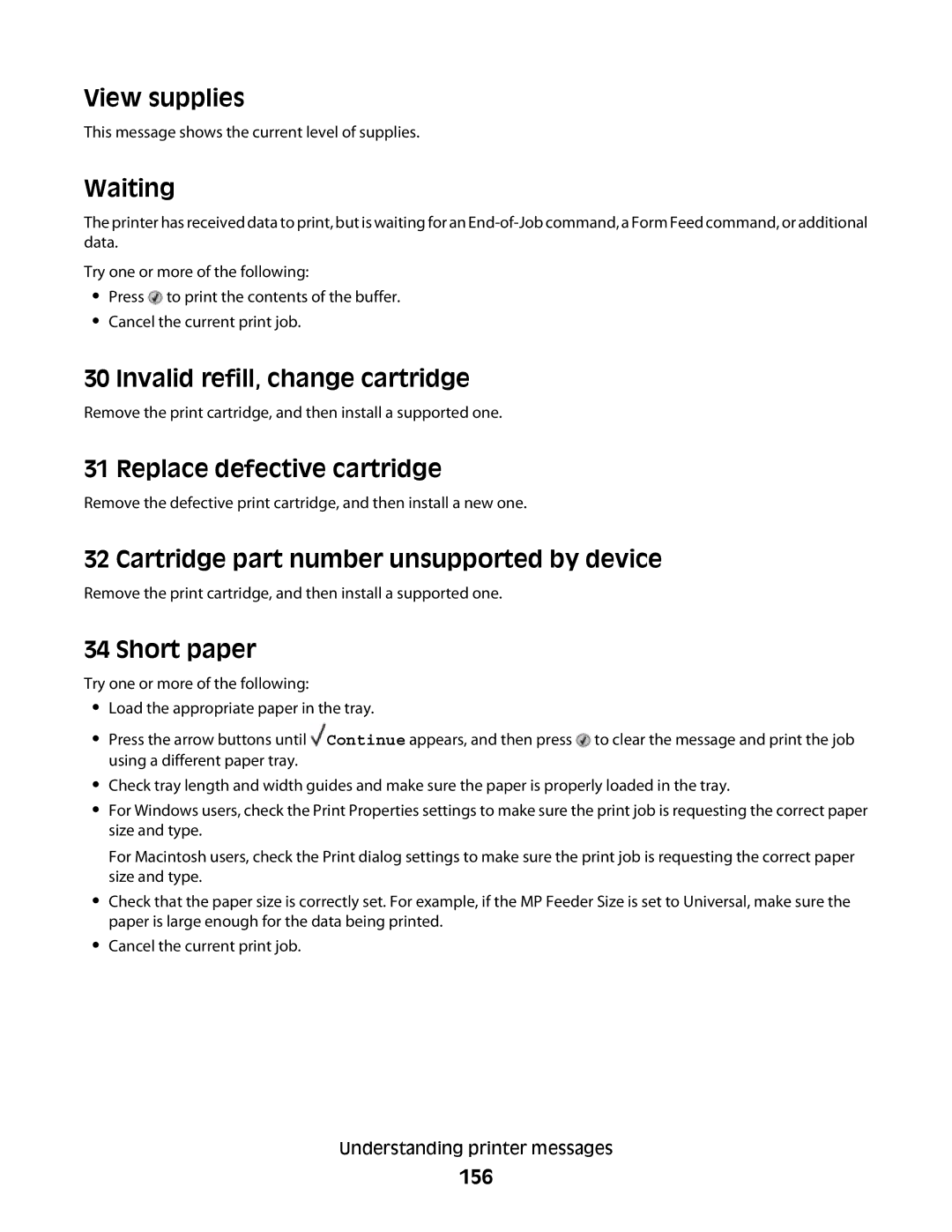 Dell gd2, xn2, n01, n03 View supplies, Waiting, Invalid refill, change cartridge, Replace defective cartridge, Short paper 