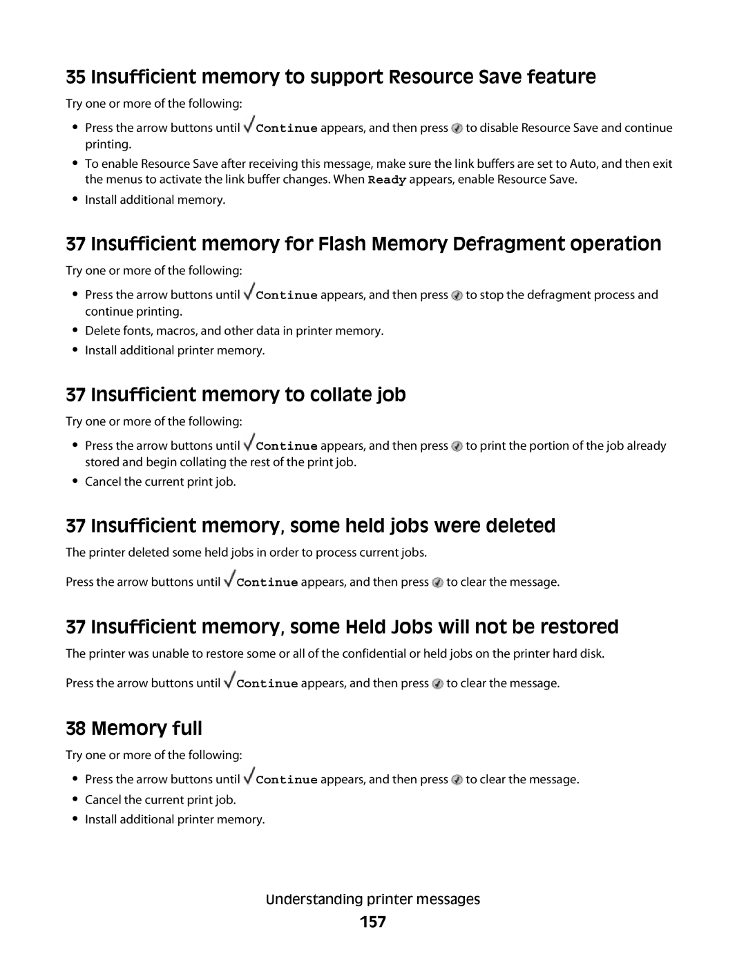 Dell n02 Insufficient memory to support Resource Save feature, Insufficient memory for Flash Memory Defragment operation 