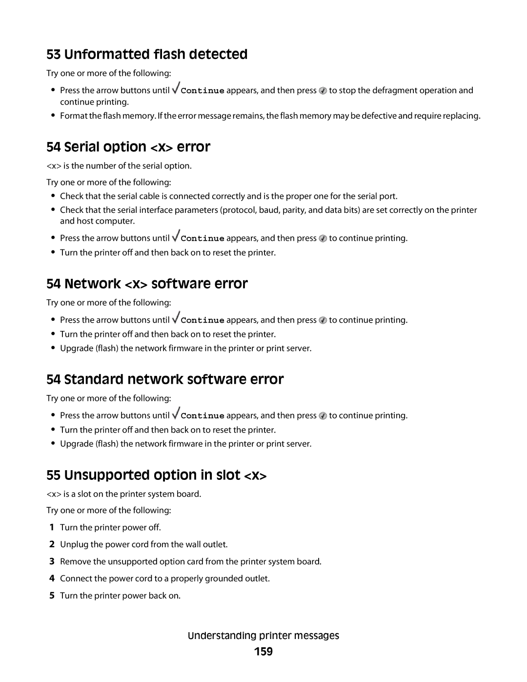 Dell 5530, dn Unformatted flash detected, Serial option x error, Network x software error, Standard network software error 