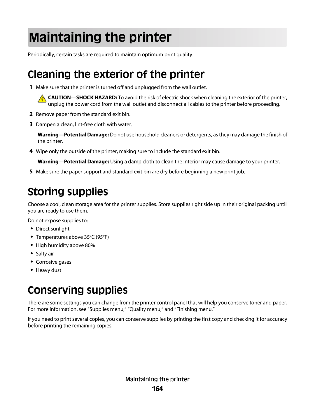 Dell dn, xn2, n01 Maintaining the printer, Cleaning the exterior of the printer, Storing supplies, Conserving supplies, 164 